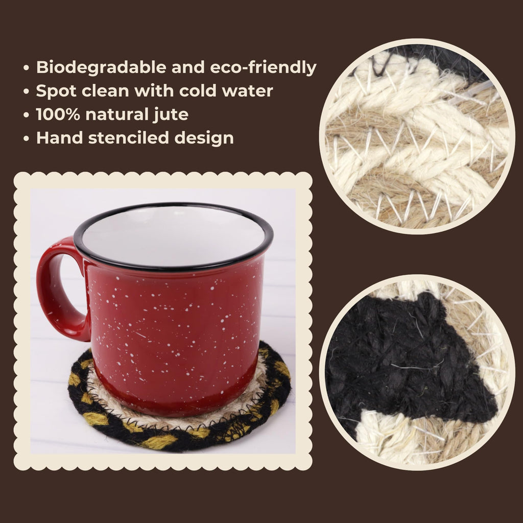 Braided Jute Coasters with Black Bear Design, Set of 2 W737