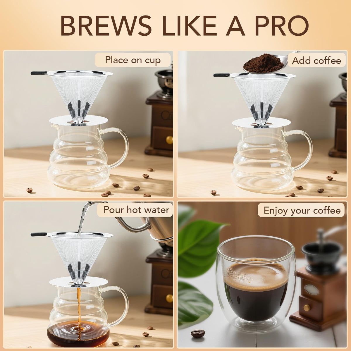Pour Over Coffee Dripper with Reusable Stainless Steel Filter E9386
