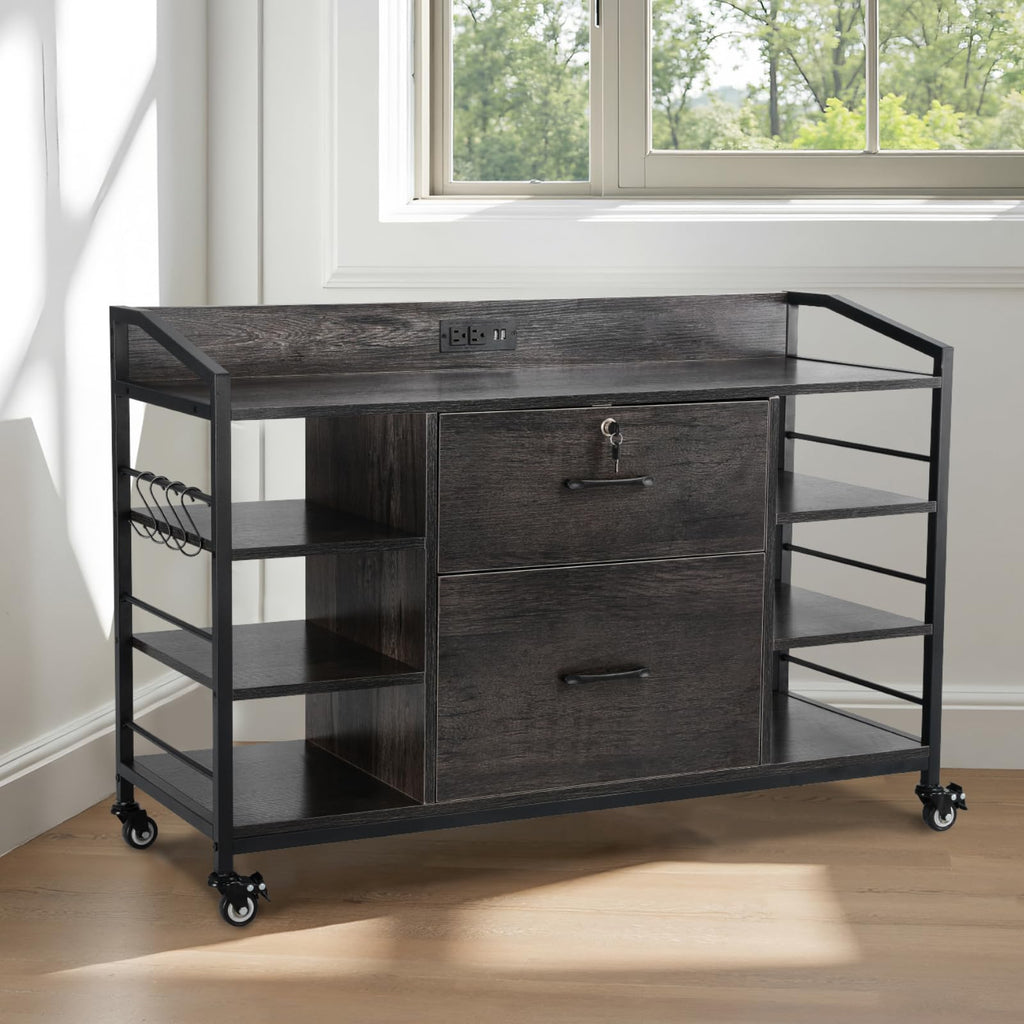 2 Drawer Metal File Cabinet with Lock and 6 Open Shelves, Gray D5493