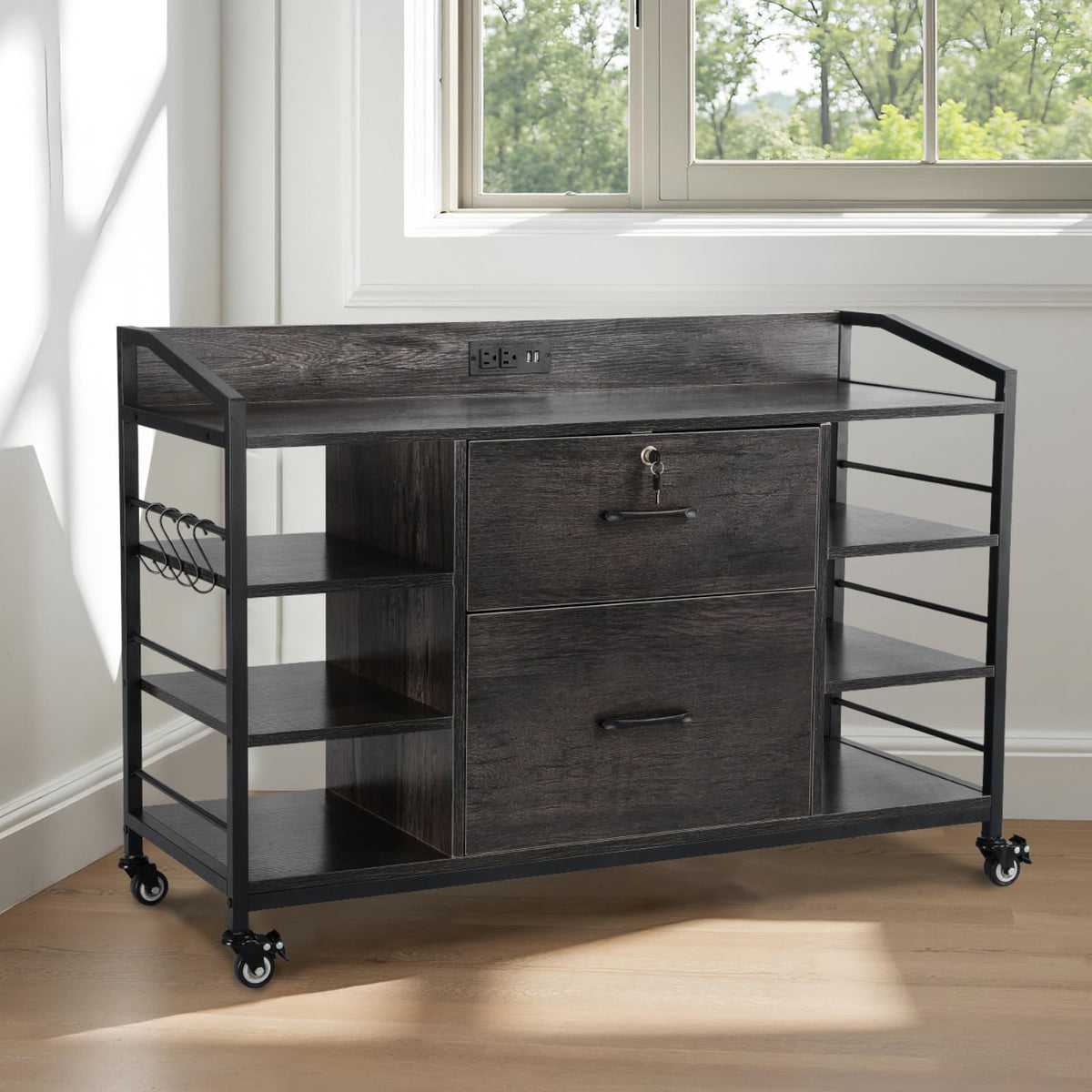 2 Drawer Metal File Cabinet with Lock and 6 Open Shelves, Gray D5493