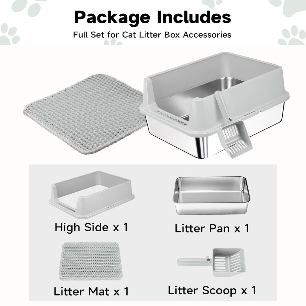 Stainless Steel Cat Litter Box with High Sides, Litter Mat, Scoop Y52208