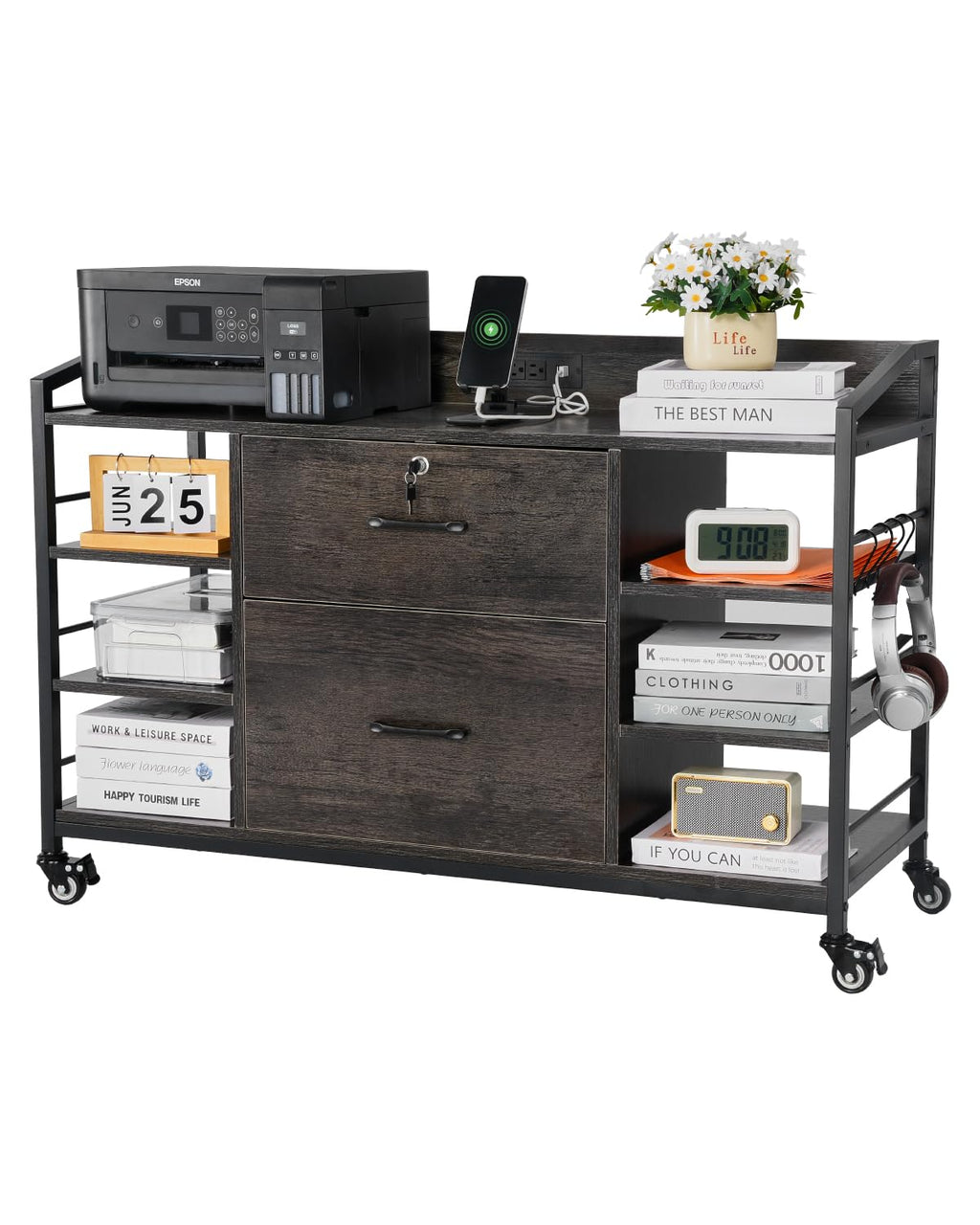 2 Drawer Metal File Cabinet with Lock and 6 Open Shelves, Gray D5493