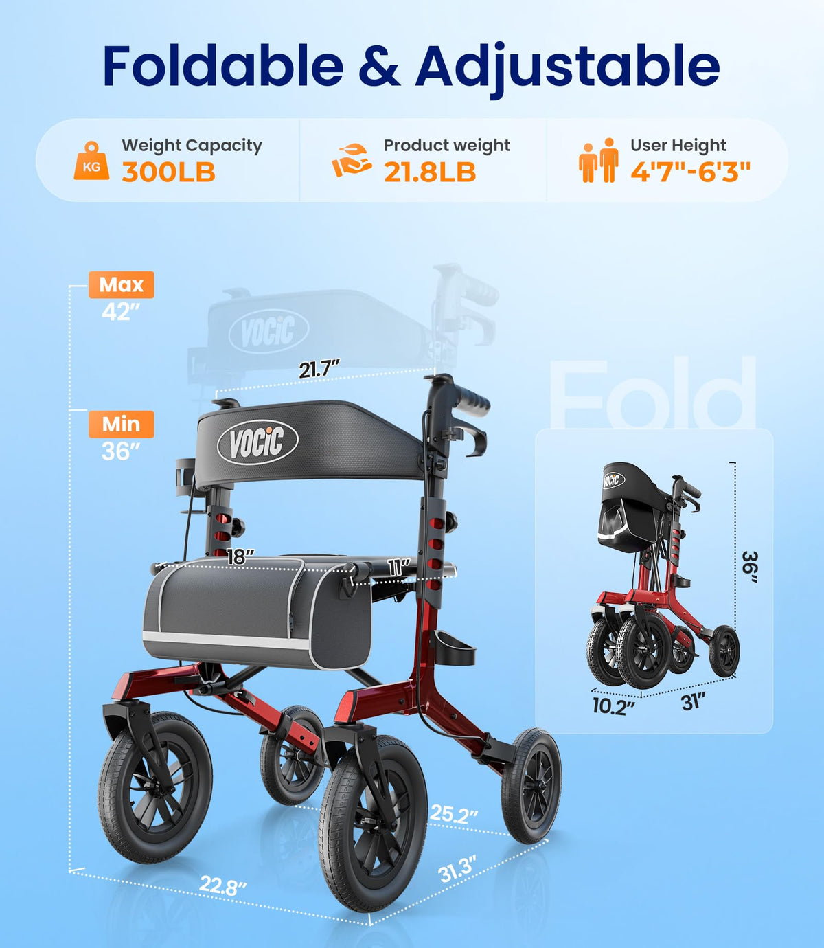 Walkers for Seniors with Seat Outdoor Rollator 12'' All Terrain I9114