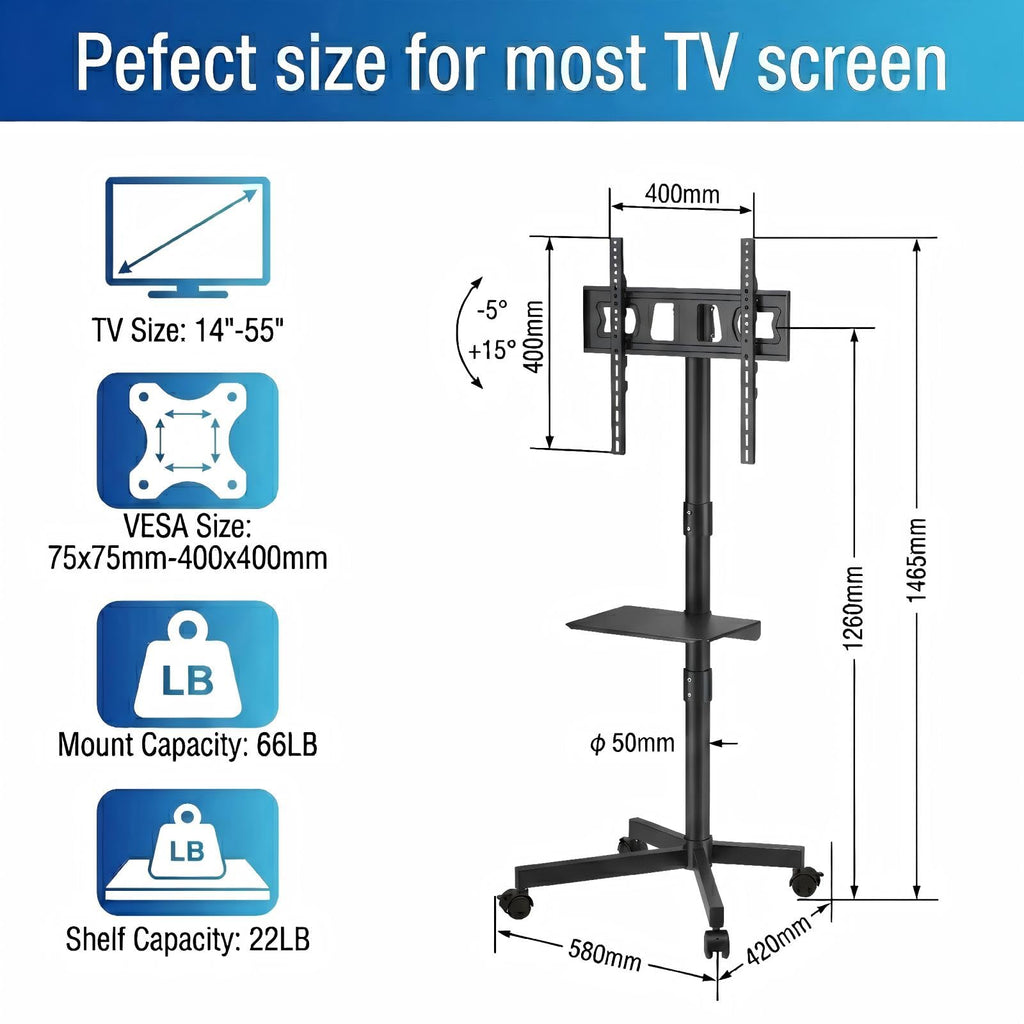 Rolling TV Stand for 14-55 Inch TV, Mobile TV Cart on Wheels, Max VESA 400x400mm, Holds 66 lbs P5756