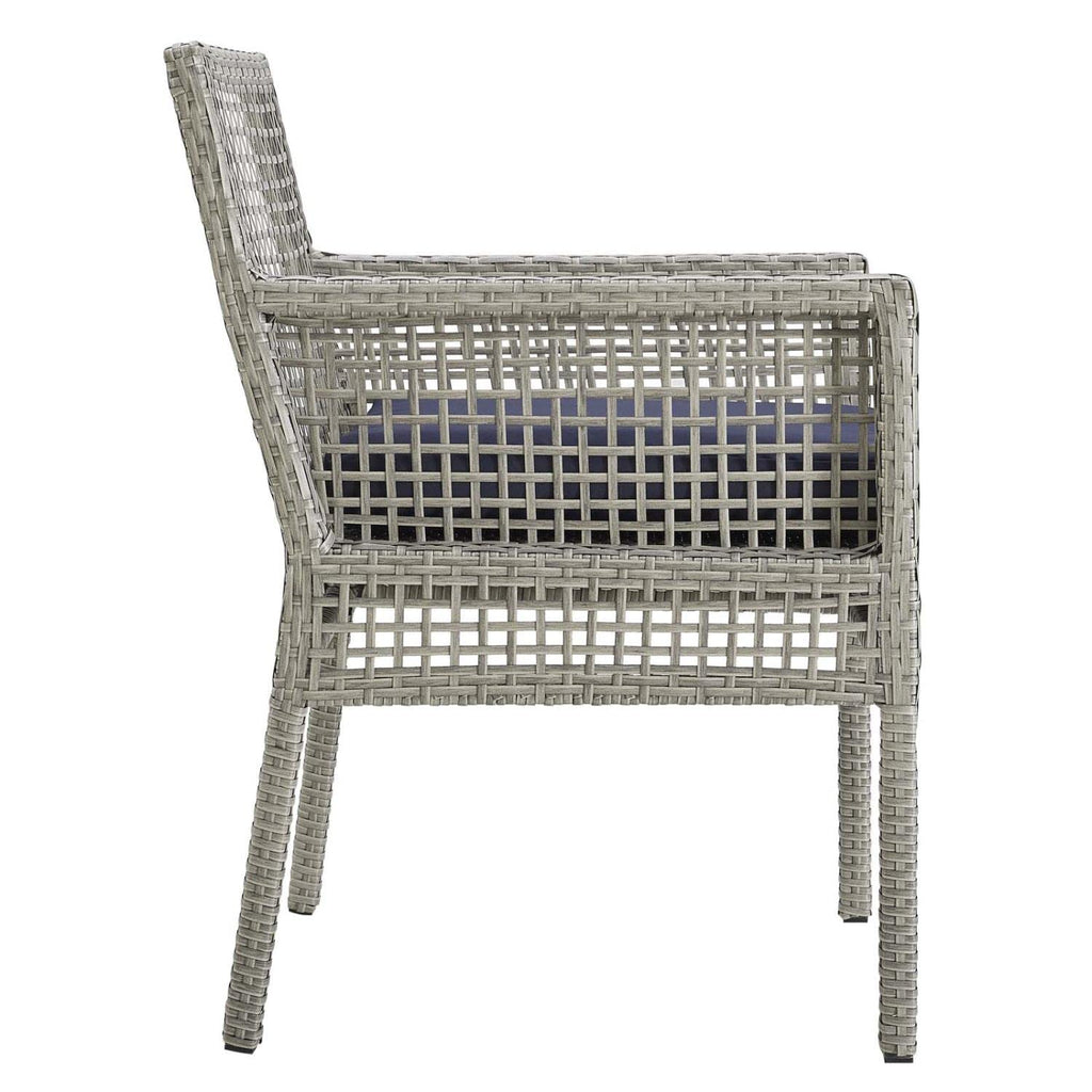 Gray Navy Wicker Rattan Outdoor Dining Arm Chair with Cushion D1537