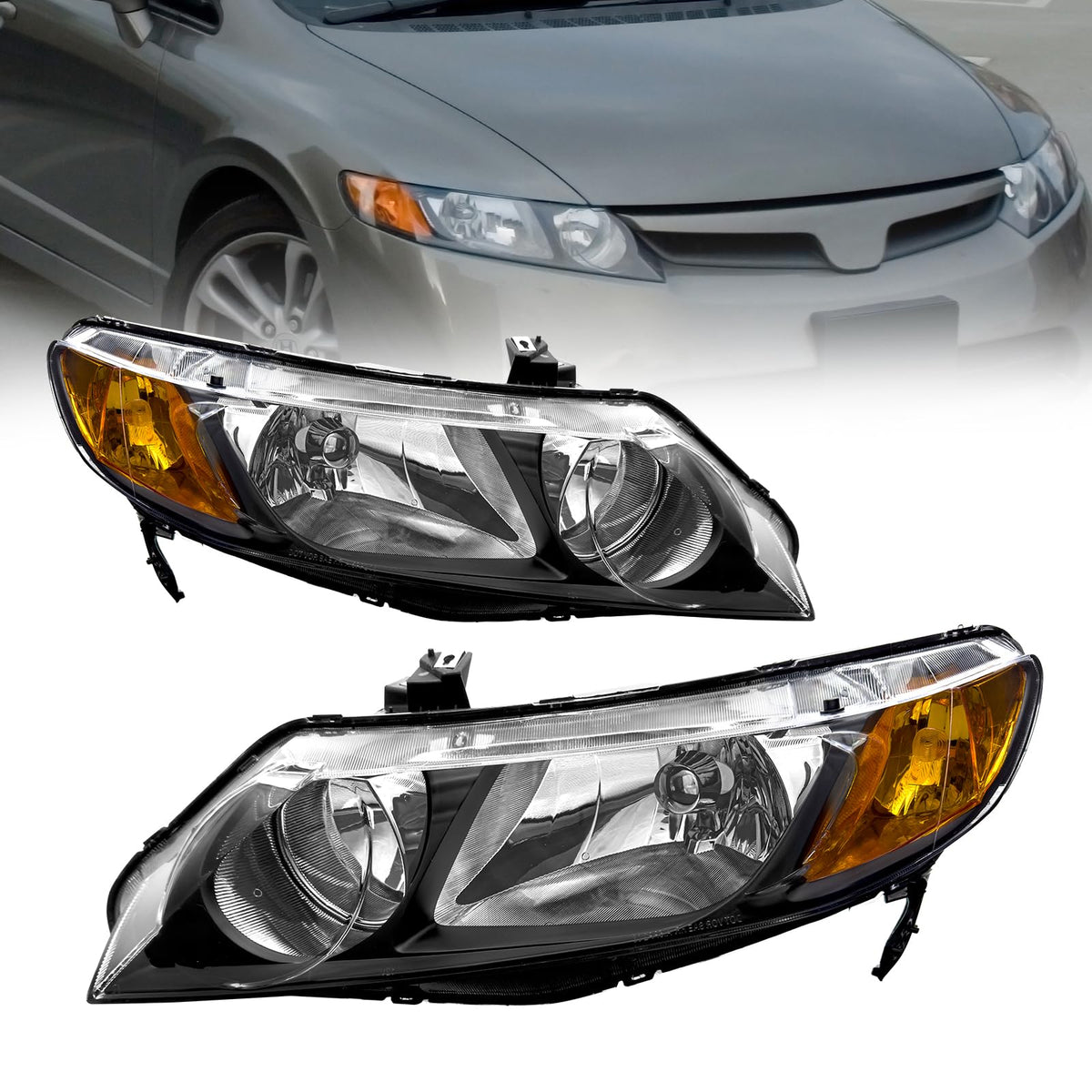 2006-2011 Honda Civic Black Clear Headlights Assembly Pair V474121