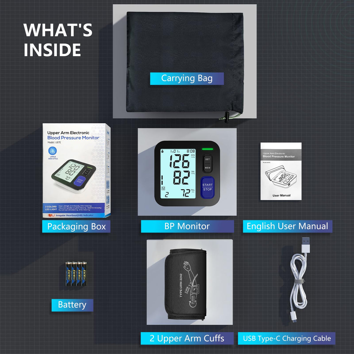Upper Arm Blood Pressure Machine Medium/Large Cuff Automatic Digital BP Monitor Backlit LCD 2-User Mode Z14274