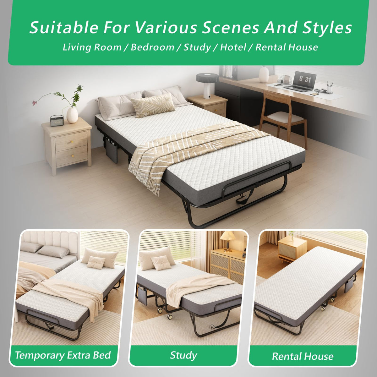 Folding Twin XL Size Bed with Memory Foam Mattress G6464