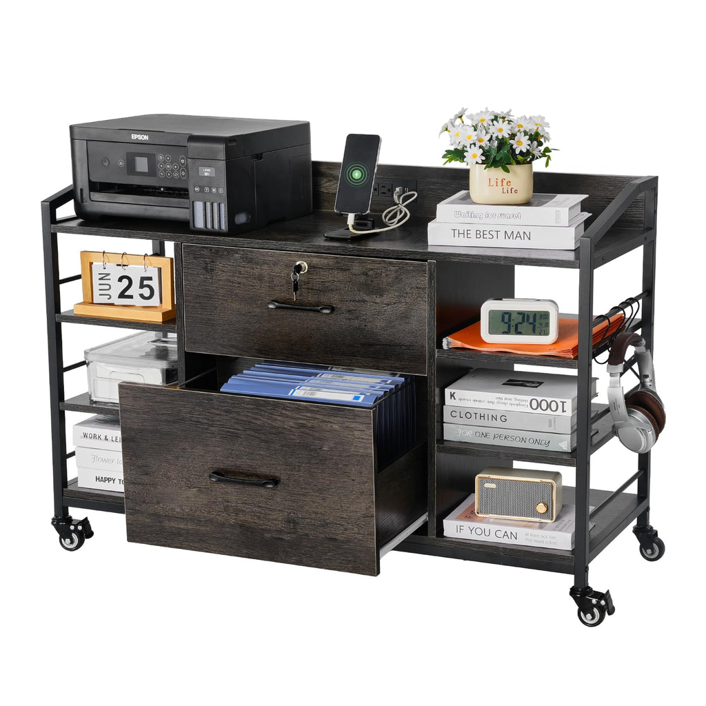 2 Drawer Metal File Cabinet with Lock and 6 Open Shelves, Gray D5493