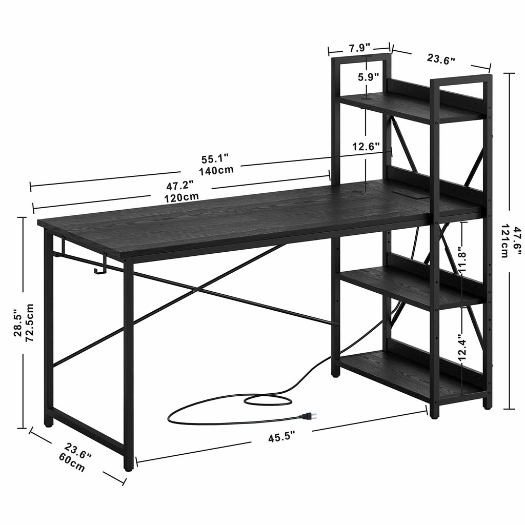 Black Computer Desk with Power Outlet and Storage Shelves Z603