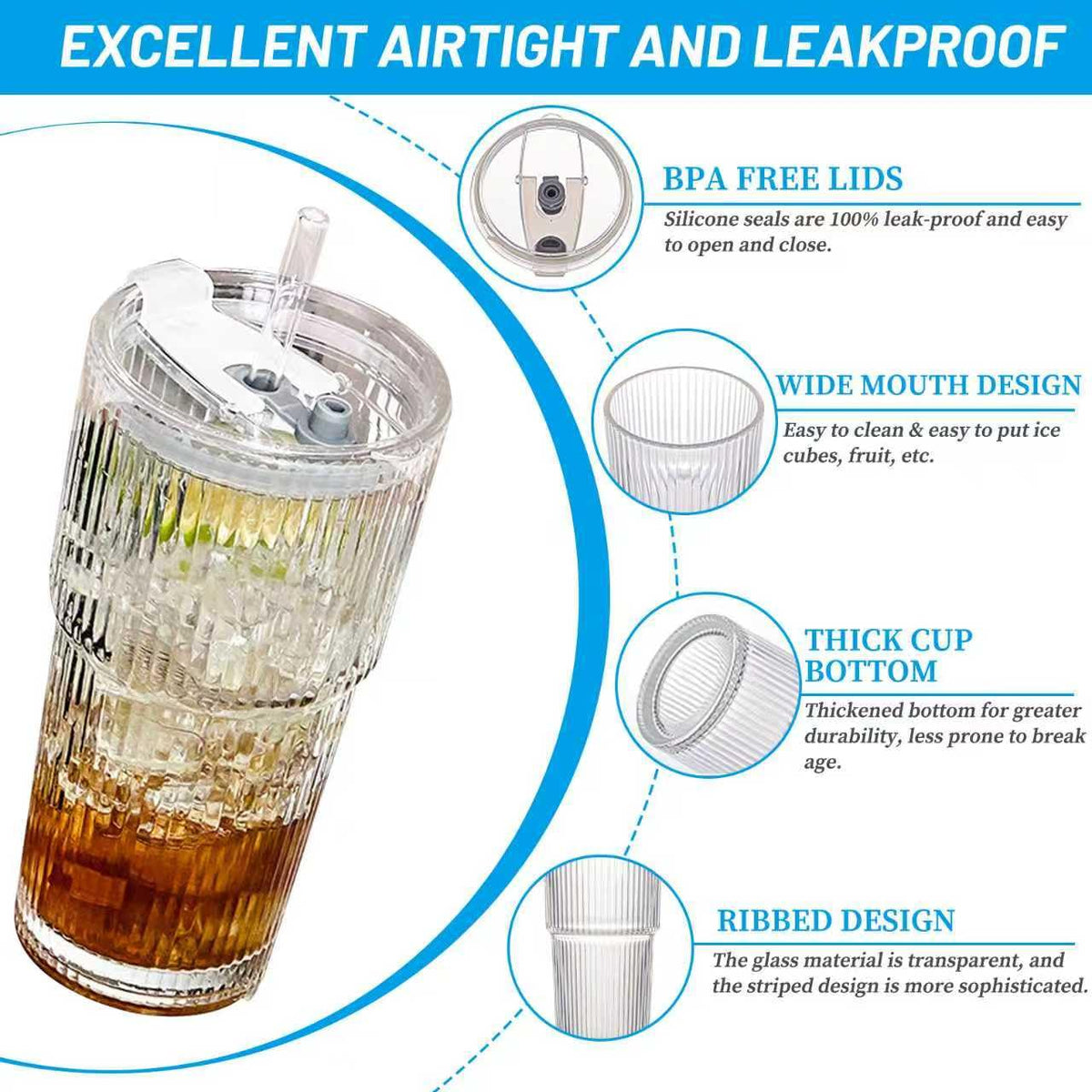 20 oz Clear Ribbed Glass Tumbler with Lid and Straw B159