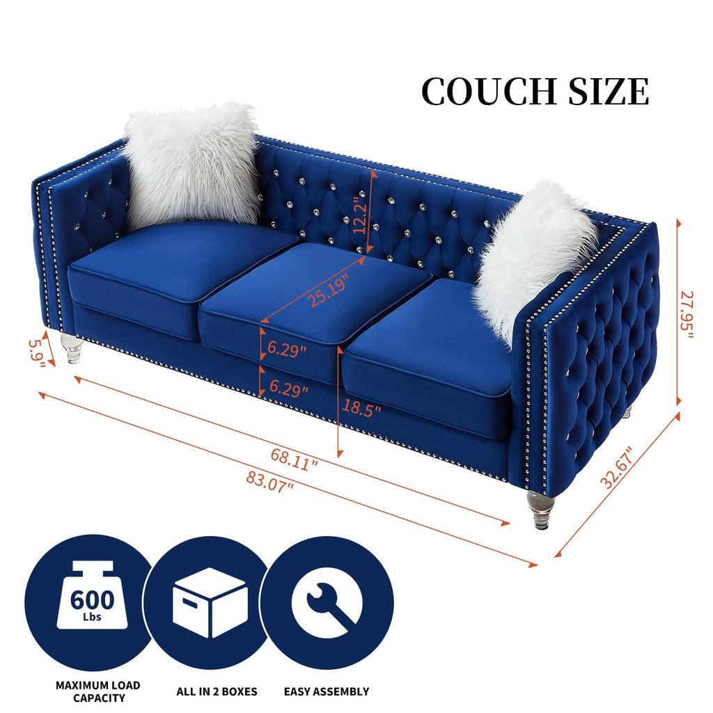Blue Velvet Chesterfield Sofa with 2 Throw Pillows Q238