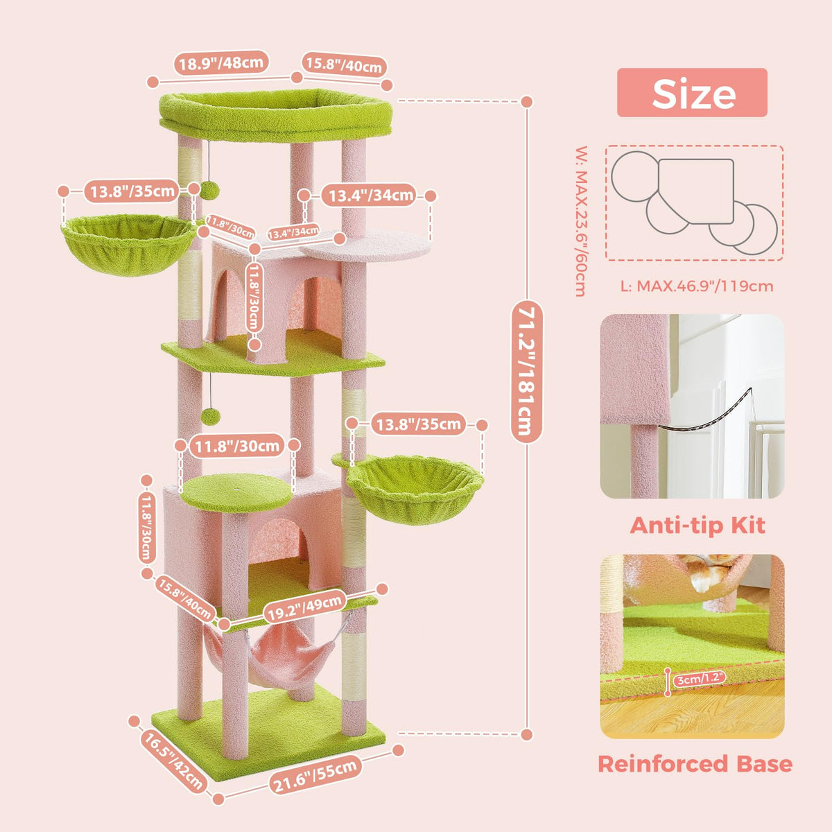 Pink 70” Cat Tree with Hammock D32673