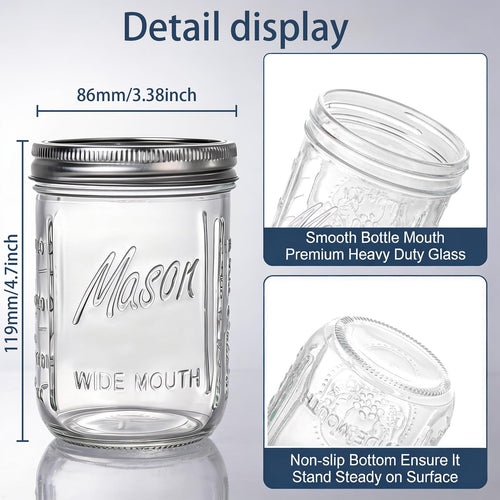 12 Pack 16 oz Wide Mouth Glass Mason Jars with Lids B66540