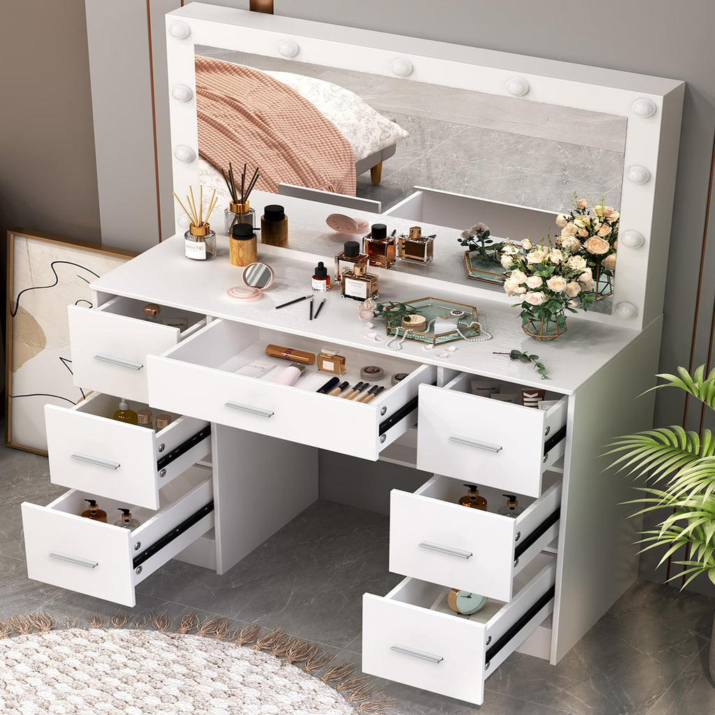 White 7 Drawer Vanity with Lights and Mirror A4784