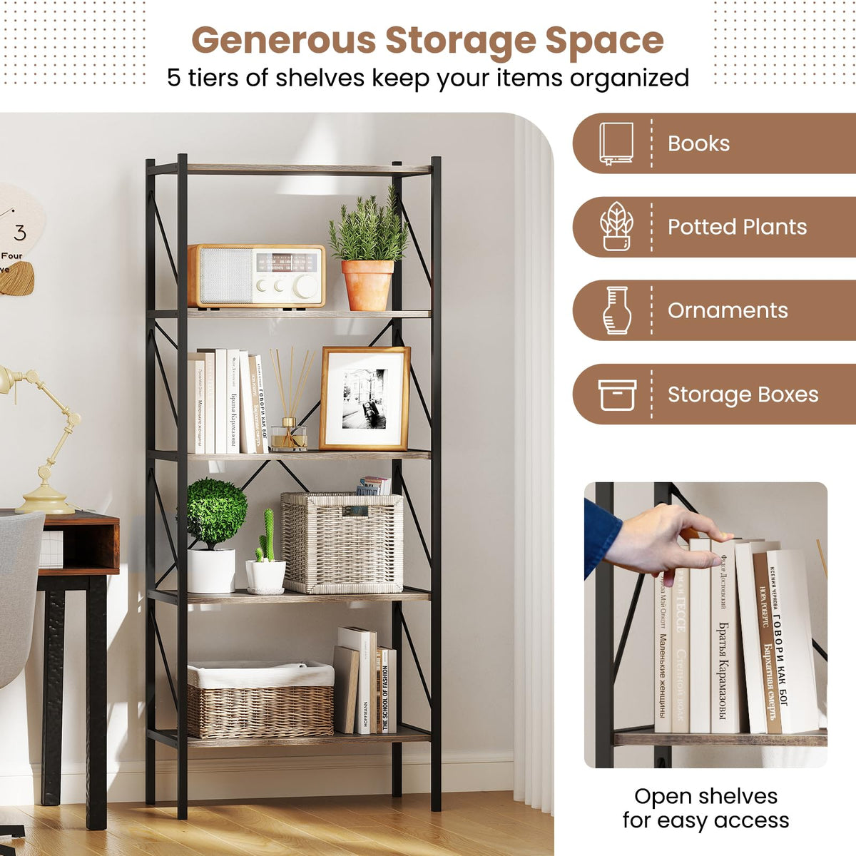 5-Tier Industrial Bookshelf with Open Storage Shelves K14667