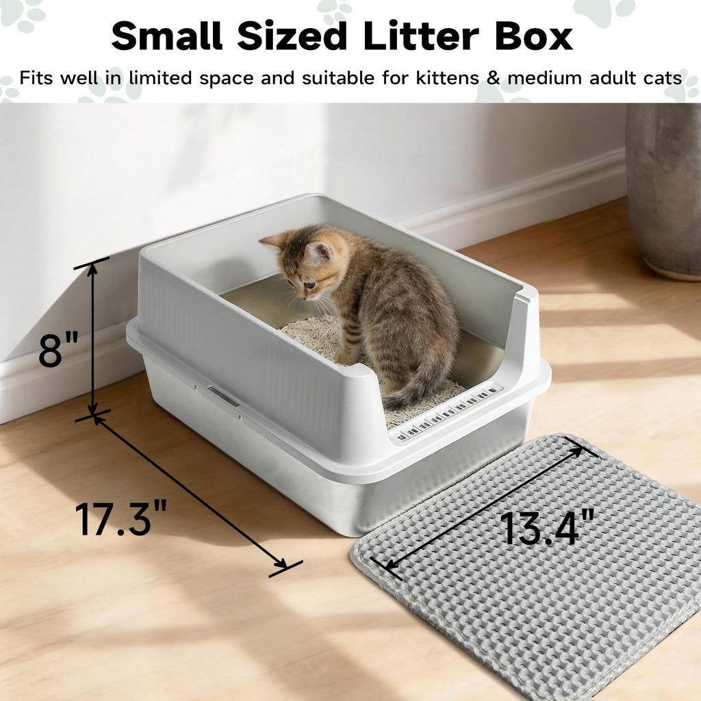 Stainless Steel Cat Litter Box with High Sides, Litter Mat, Scoop Y52208