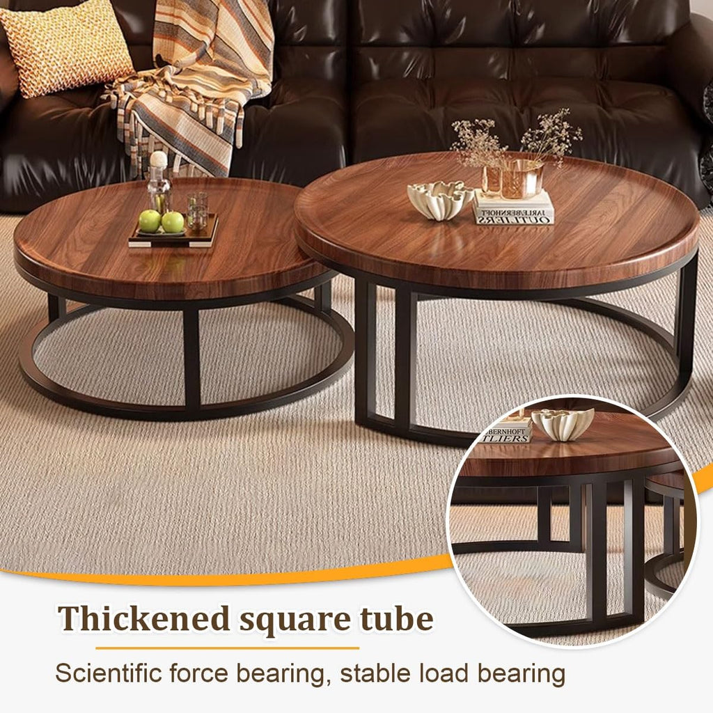 Round Nesting Coffee Tables 2-Piece Set Wood Top Metal Frame R38206