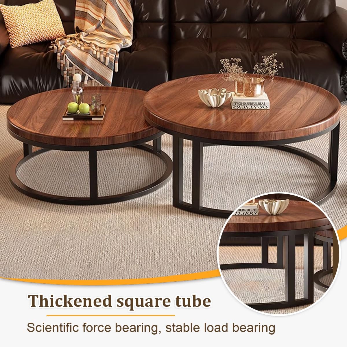 Round Nesting Coffee Tables 2-Piece Set Wood Top Metal Frame R38206