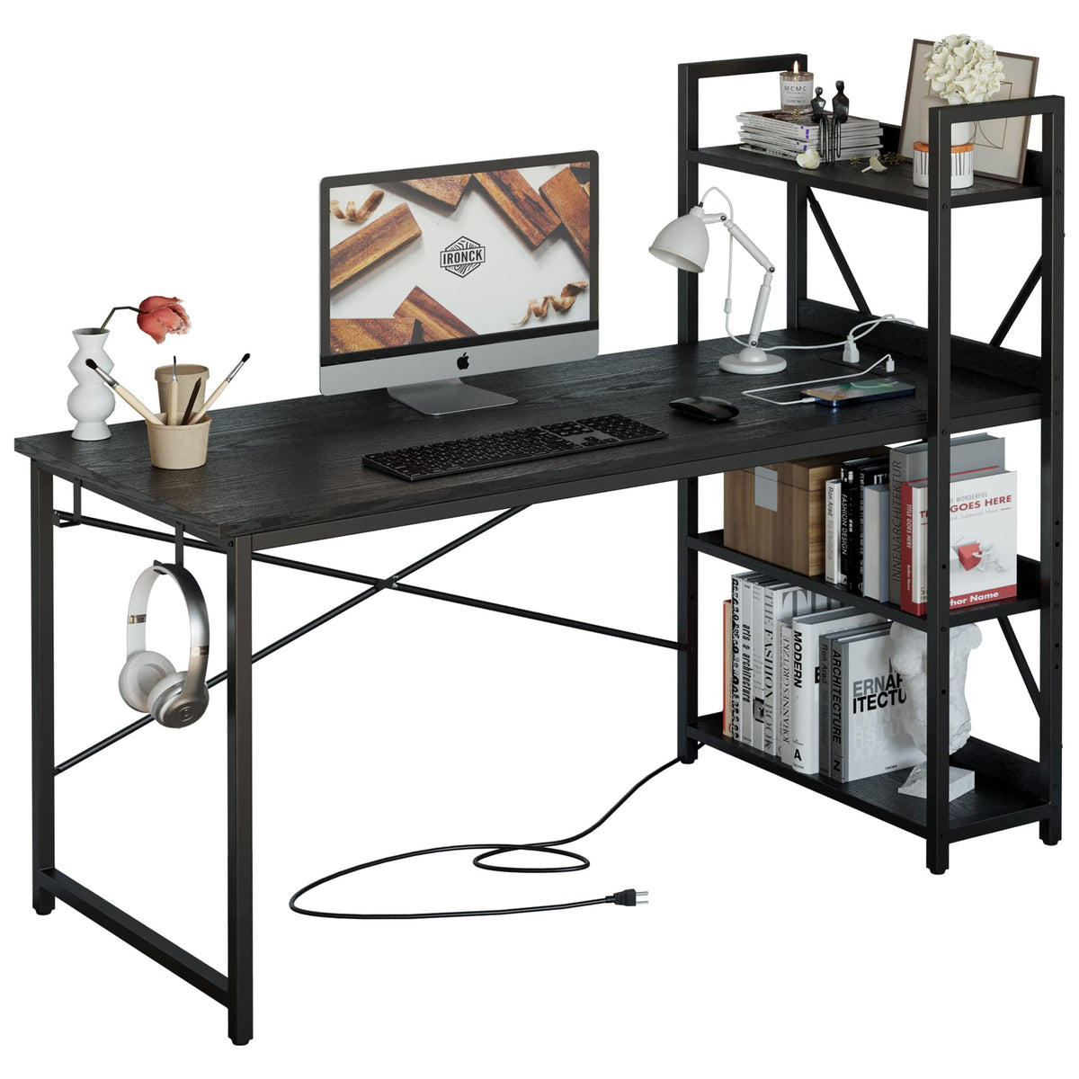 Black Computer Desk with Power Outlet and Storage Shelves Z603
