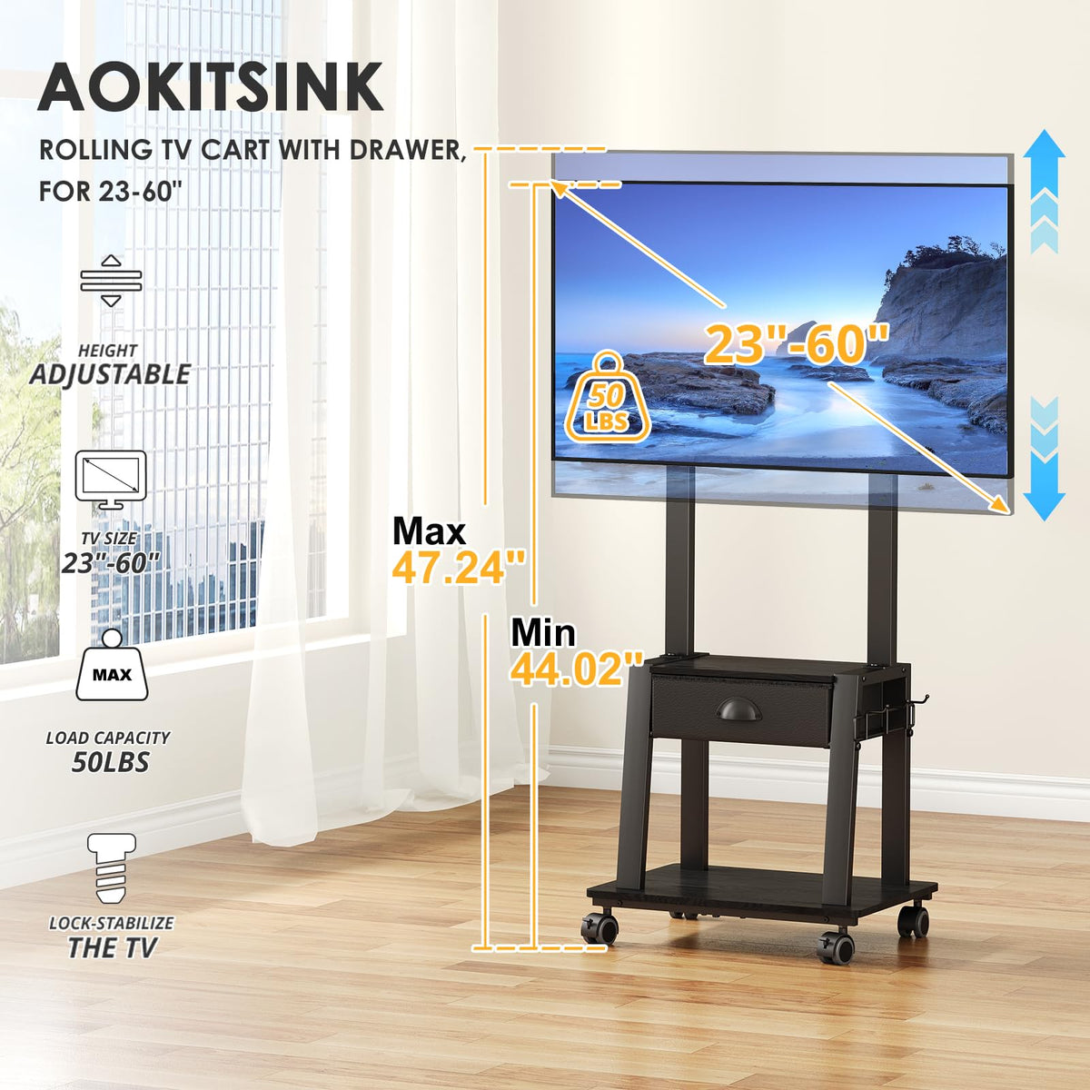 23-60 Inch Mobile TV Stand with Drawer G334