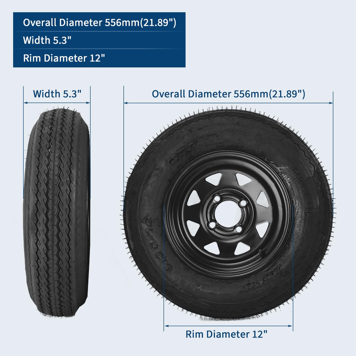 2-Pack Trailer Tire On Rim 5.30-12 4 Lug 12 in Wheels Load Range C Black N262786