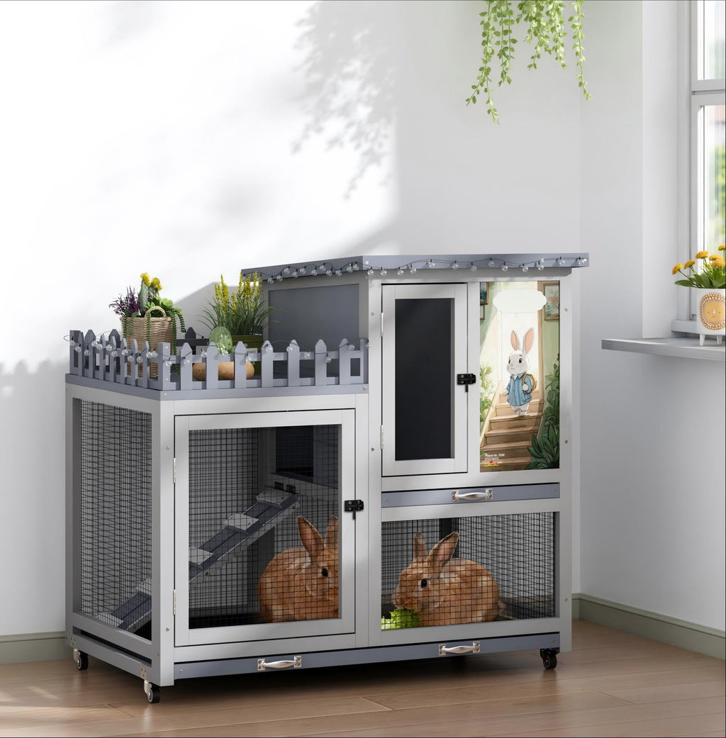 Wood Rabbit Hutch with Balcony on Wheels Q631054