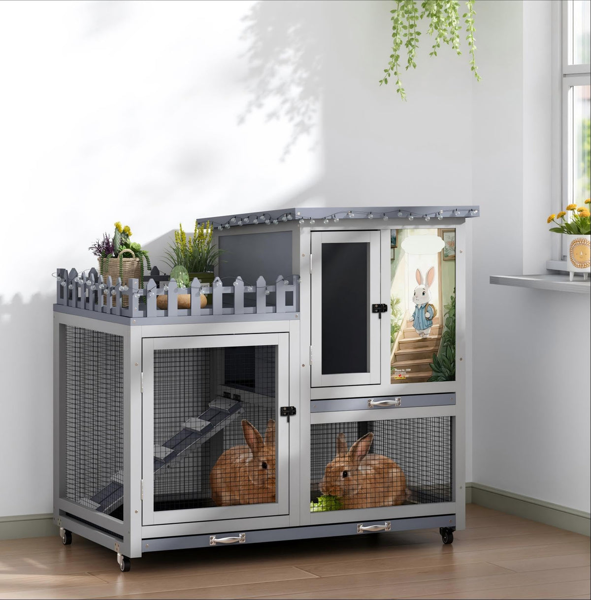 Wood Rabbit Hutch with Balcony on Wheels Q631054