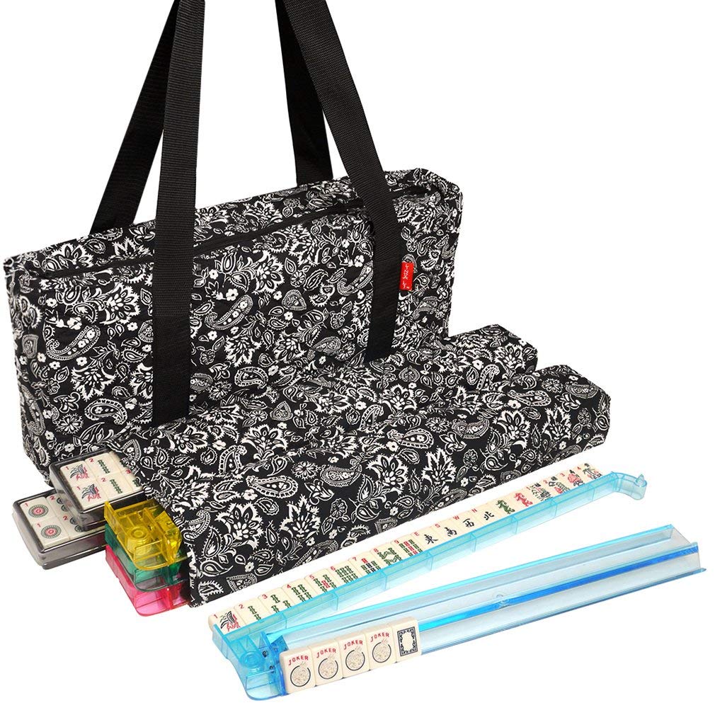 Black Paisley Mahjong Set with Soft Bag, 166 Ivory Colored Engraved Tiles, 4 All-in-One Rack/Pushers C92605