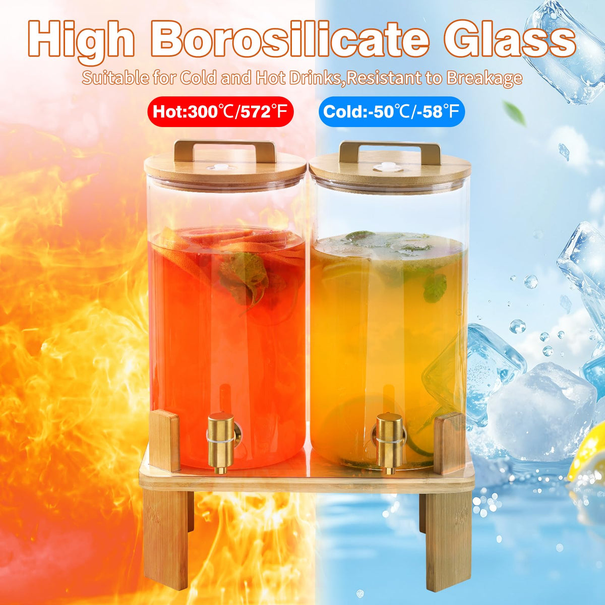 1.5 Gallon 2 Pack Glass Beverage Dispenser with Wood Stand and Spigot P61012