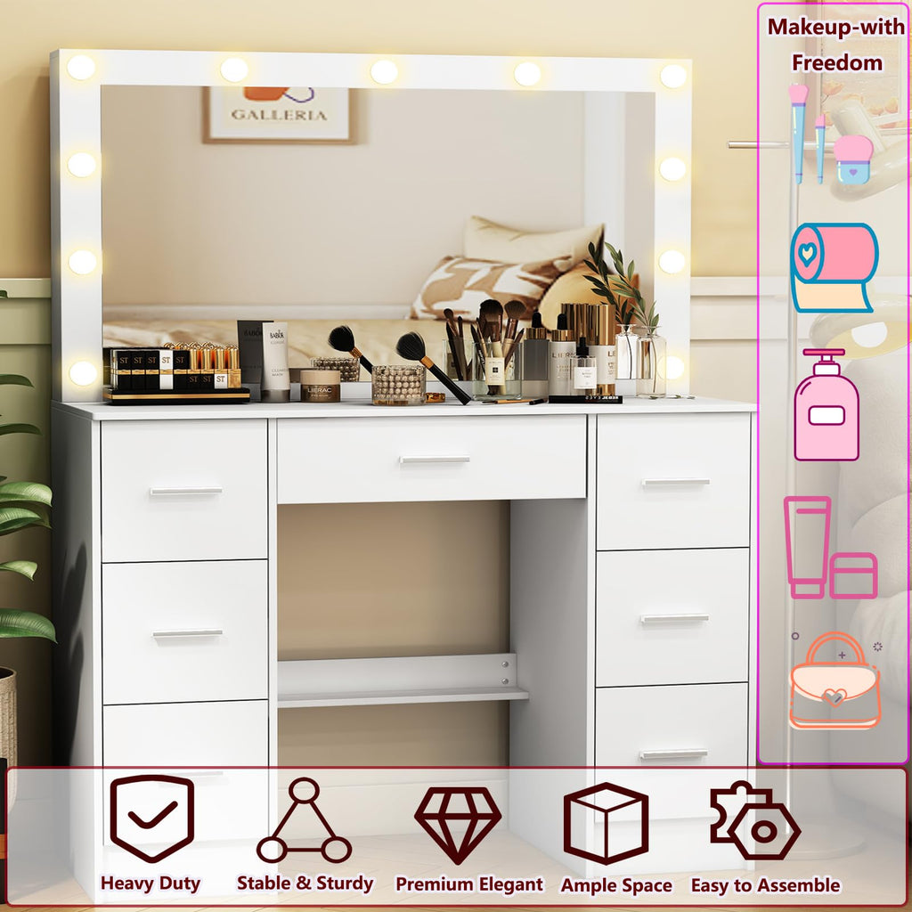 White 7 Drawer Vanity with Lights and Mirror A4784