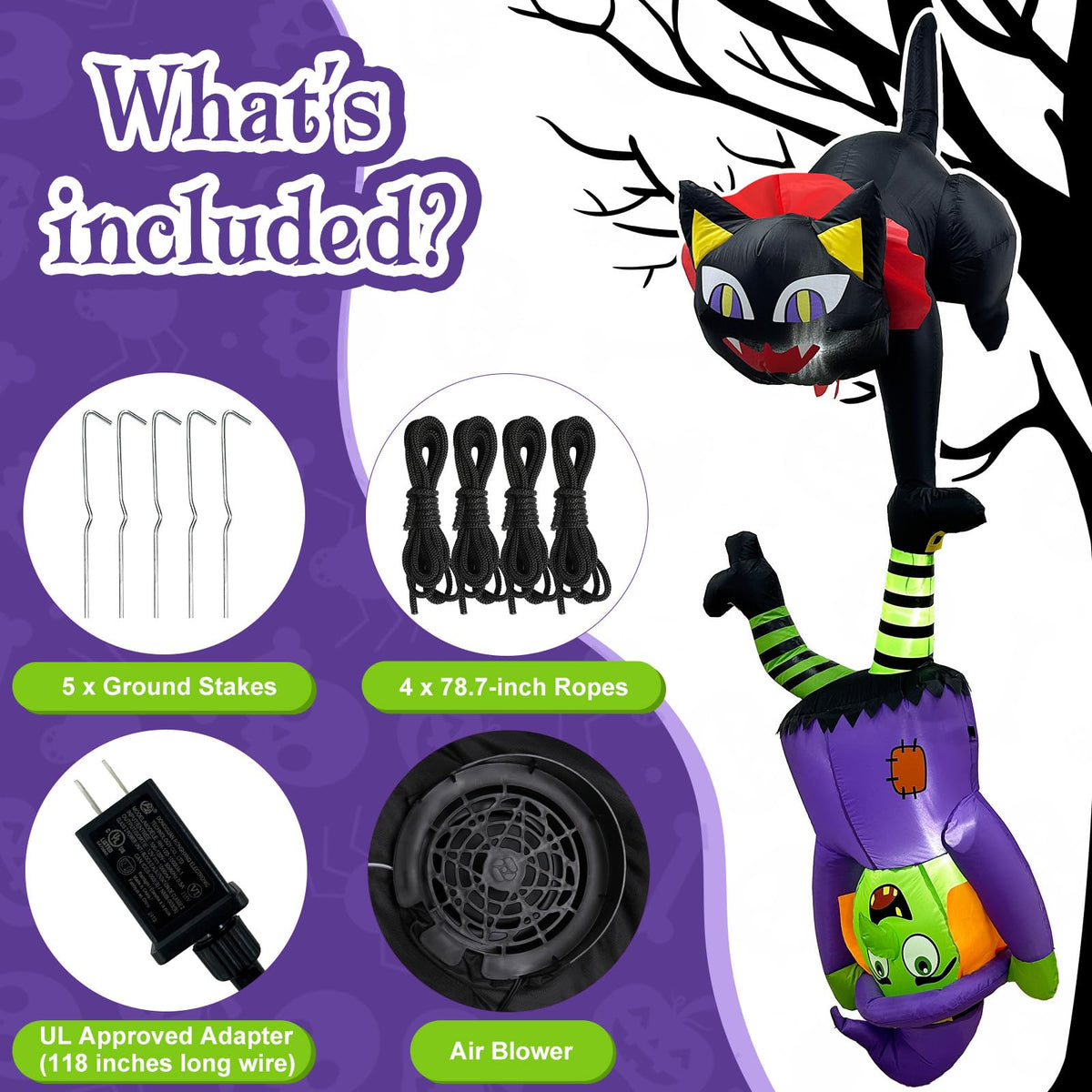 8FT Inflatable Witch Cat Halloween Outdoor Decorations T4629