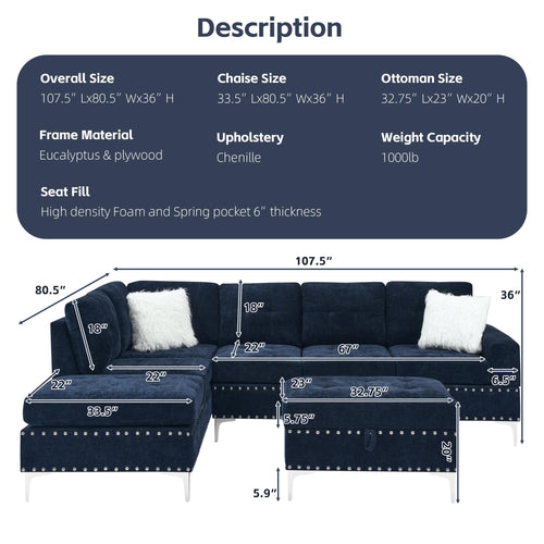 108'' Chenille Navy Blue L-Shaped Sectional Sofa with Storage Ottoman M831
