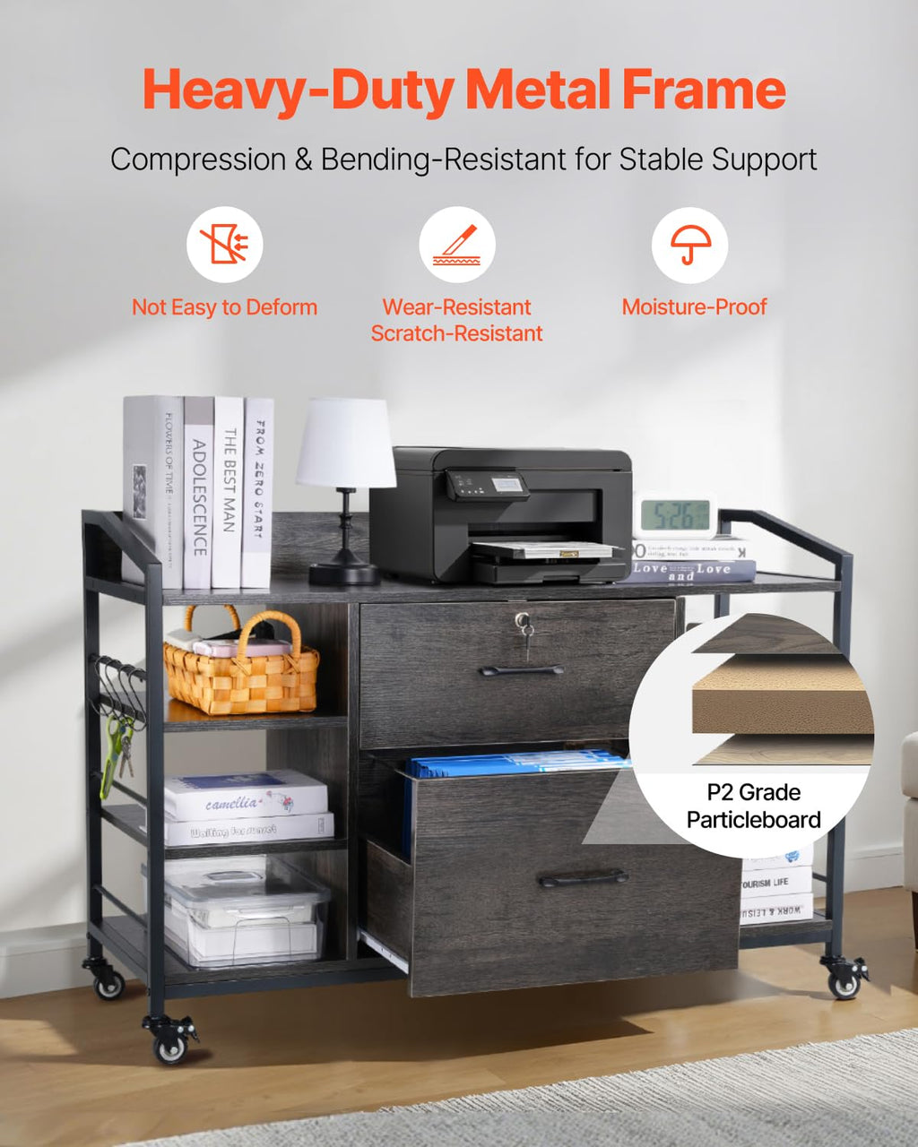 2 Drawer Metal File Cabinet with Lock and 6 Open Shelves, Gray D5493