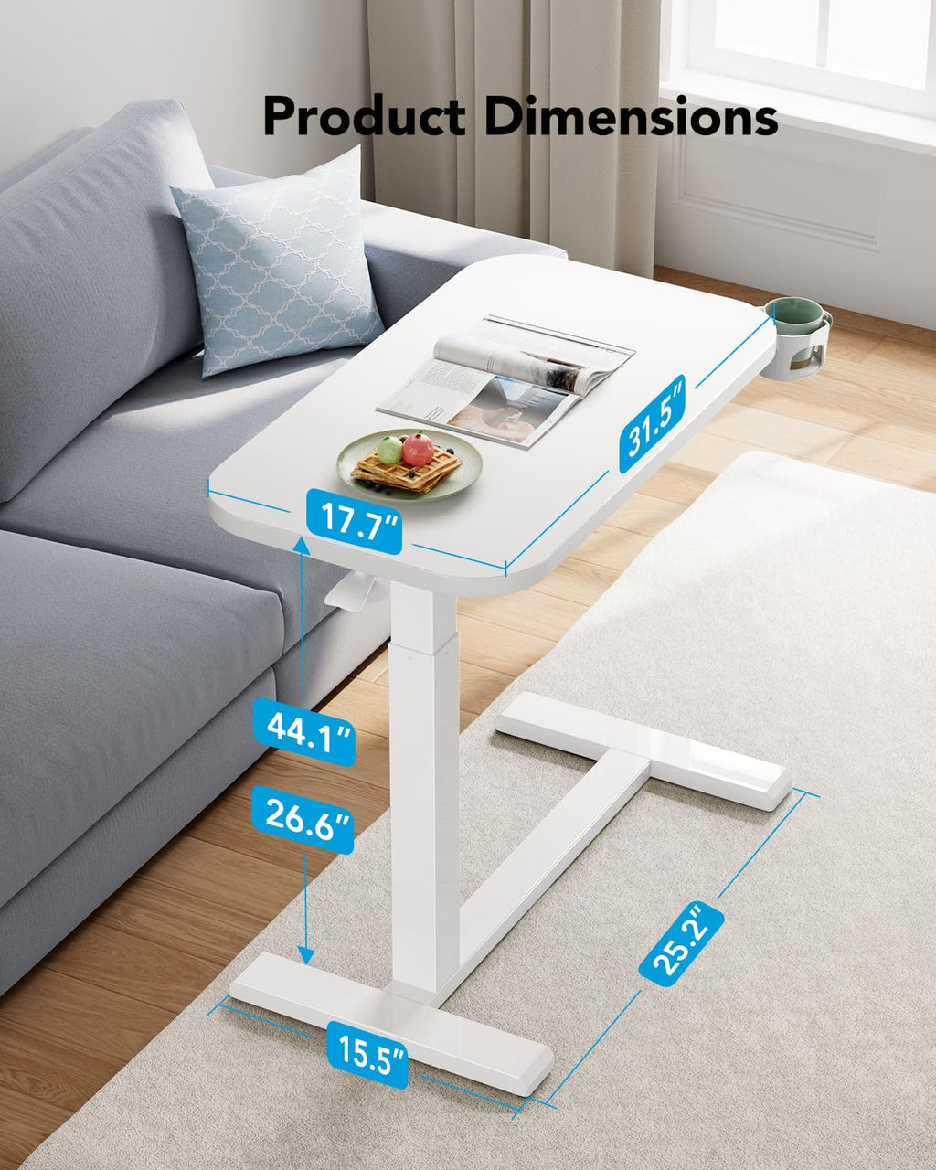 White Height-Adjustable Bedside Table with Wheels G837