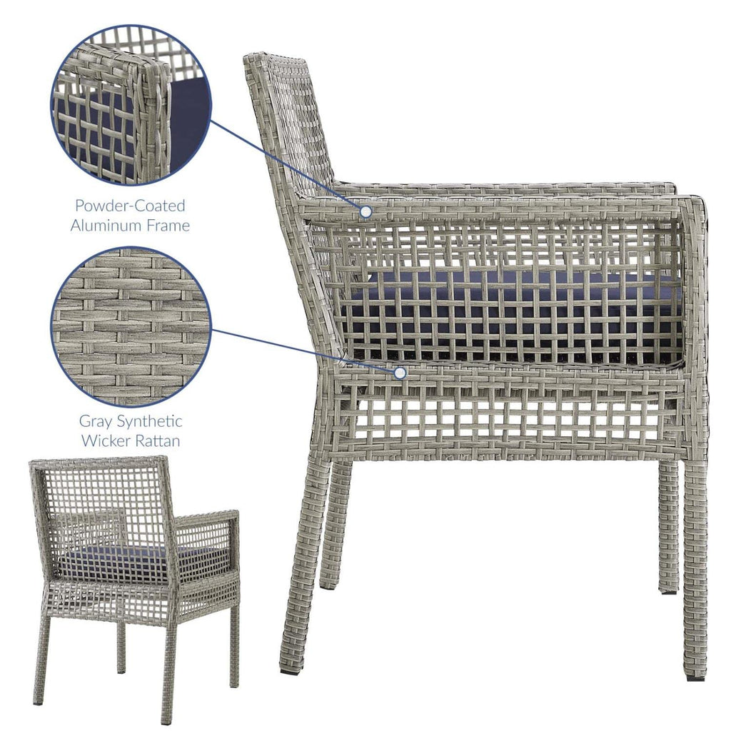 Gray Navy Wicker Rattan Outdoor Dining Arm Chair with Cushion D1537