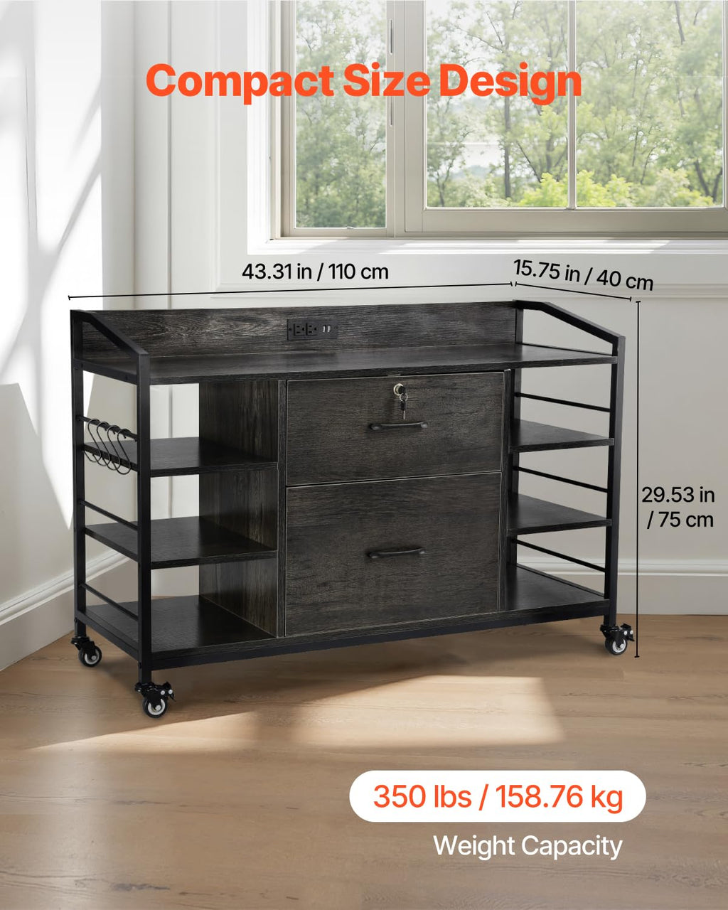 2 Drawer Metal File Cabinet with Lock and 6 Open Shelves, Gray D5493