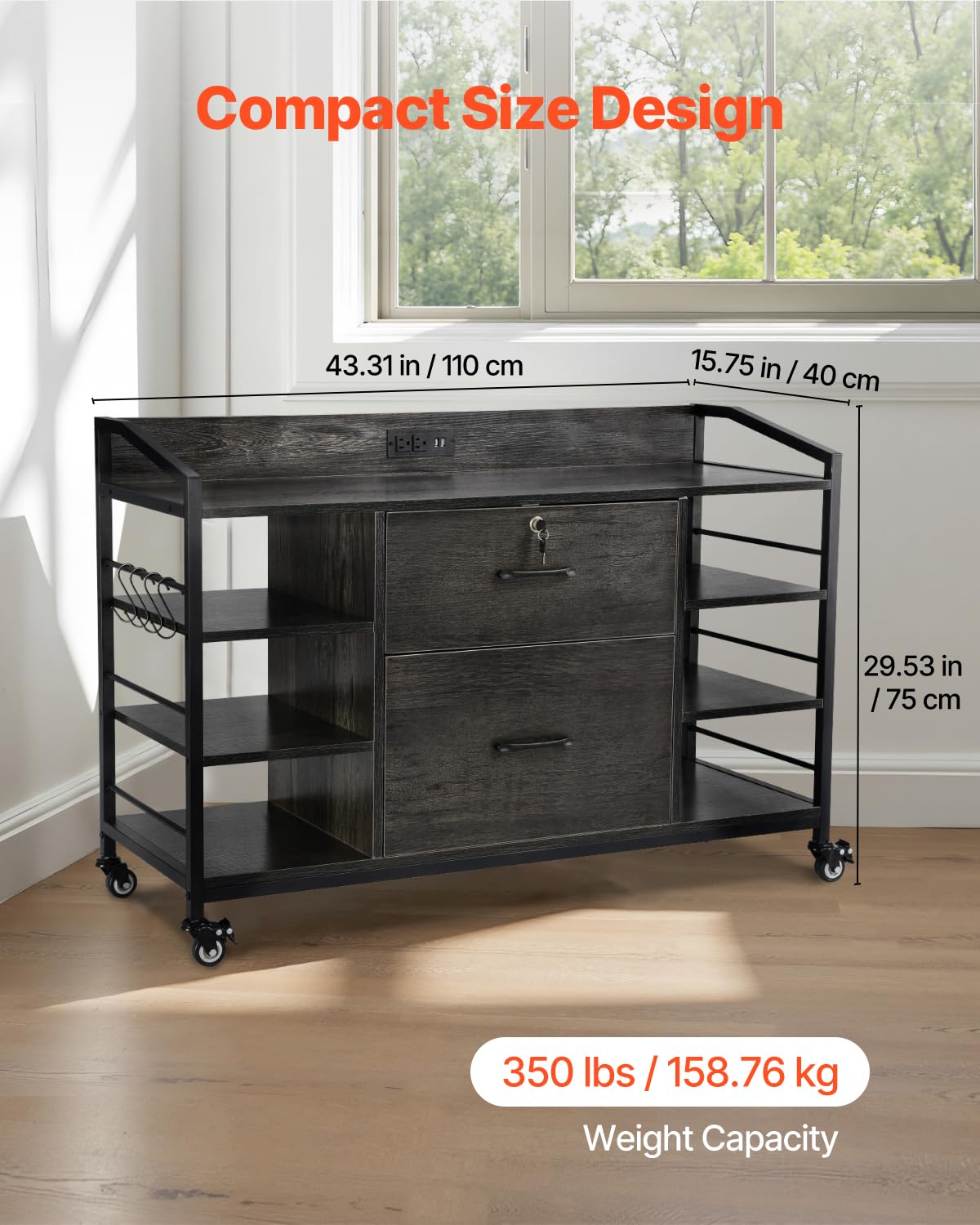 2 Drawer Metal File Cabinet with Lock and 6 Open Shelves, Gray D5493