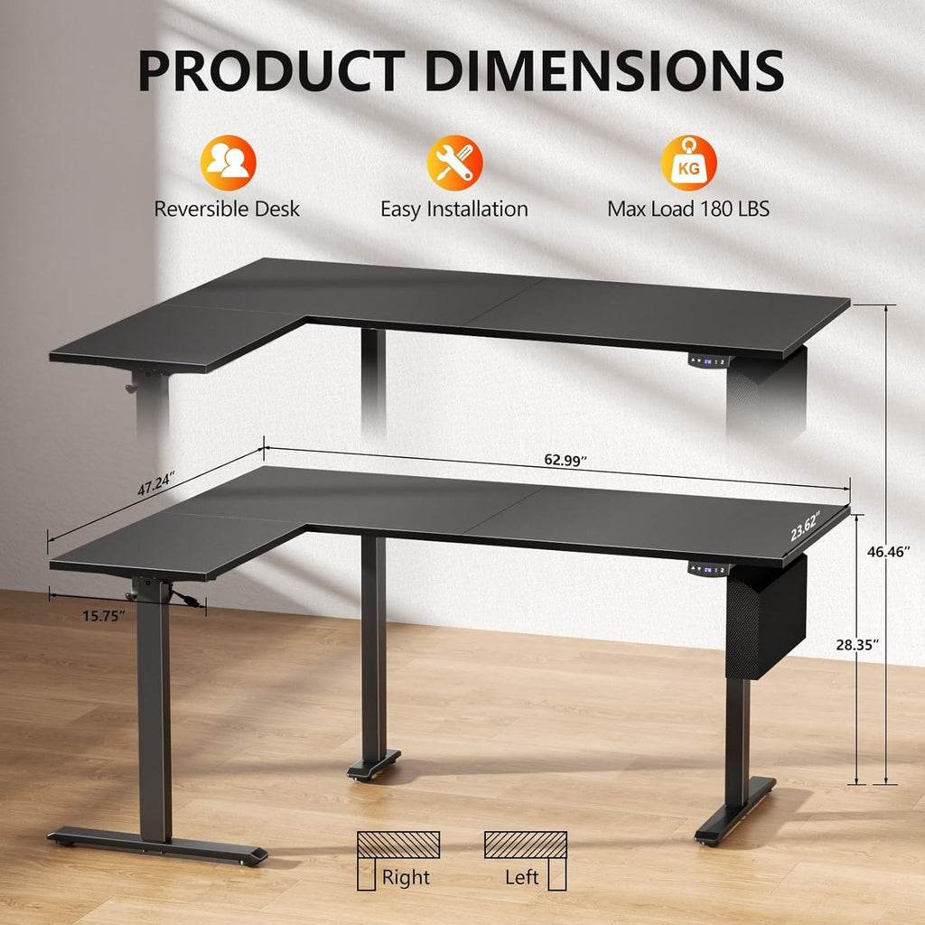 63" L Shaped Height Adjustable Standing Desk Y5475