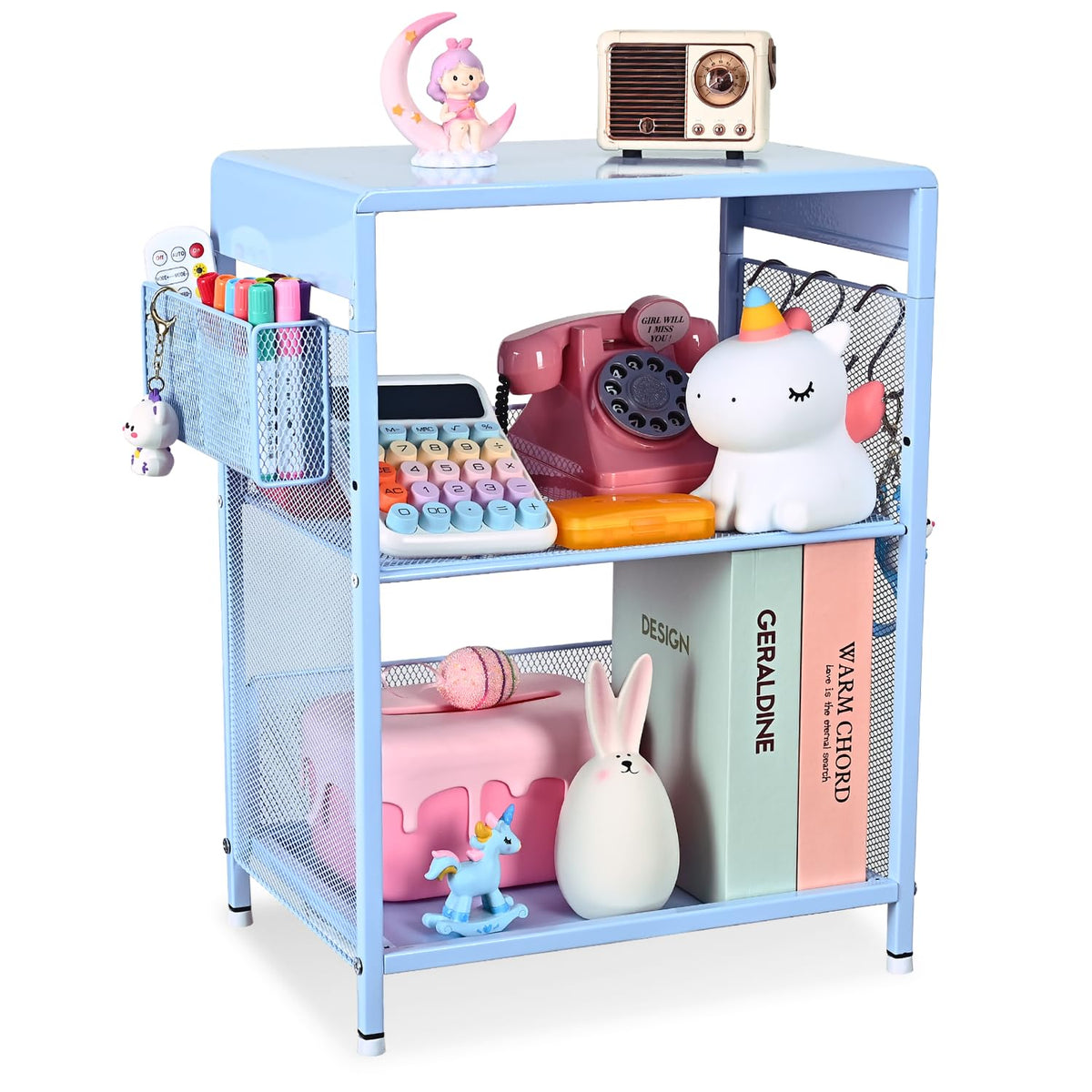 Sky Blue Kids Nightstand with Hooks and Holder H5199
