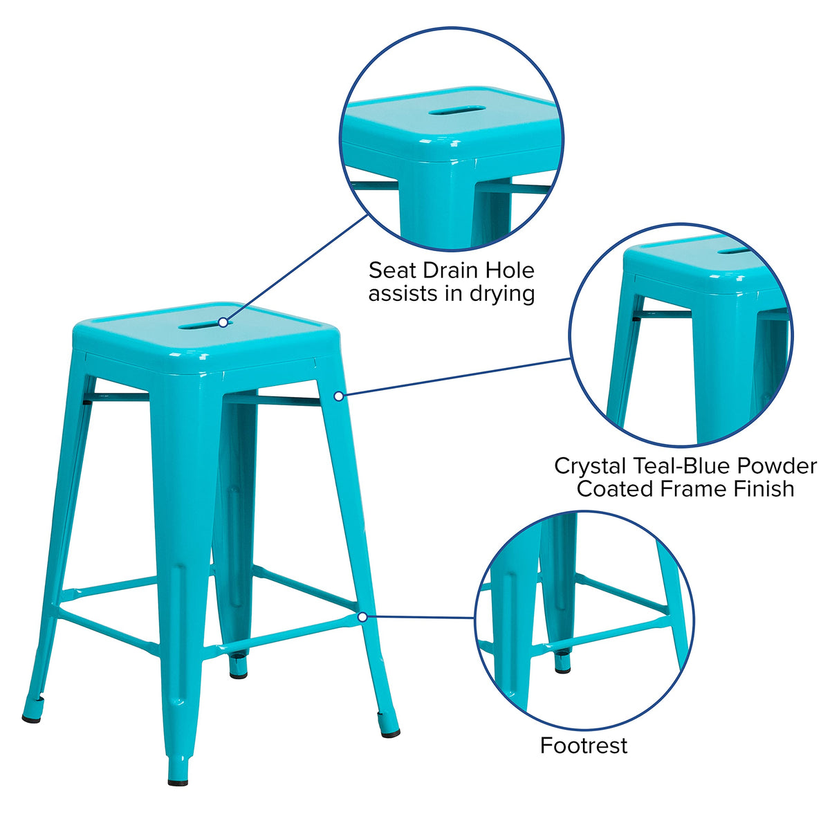 24" Teal Metal Backless Counter Height Stool A700