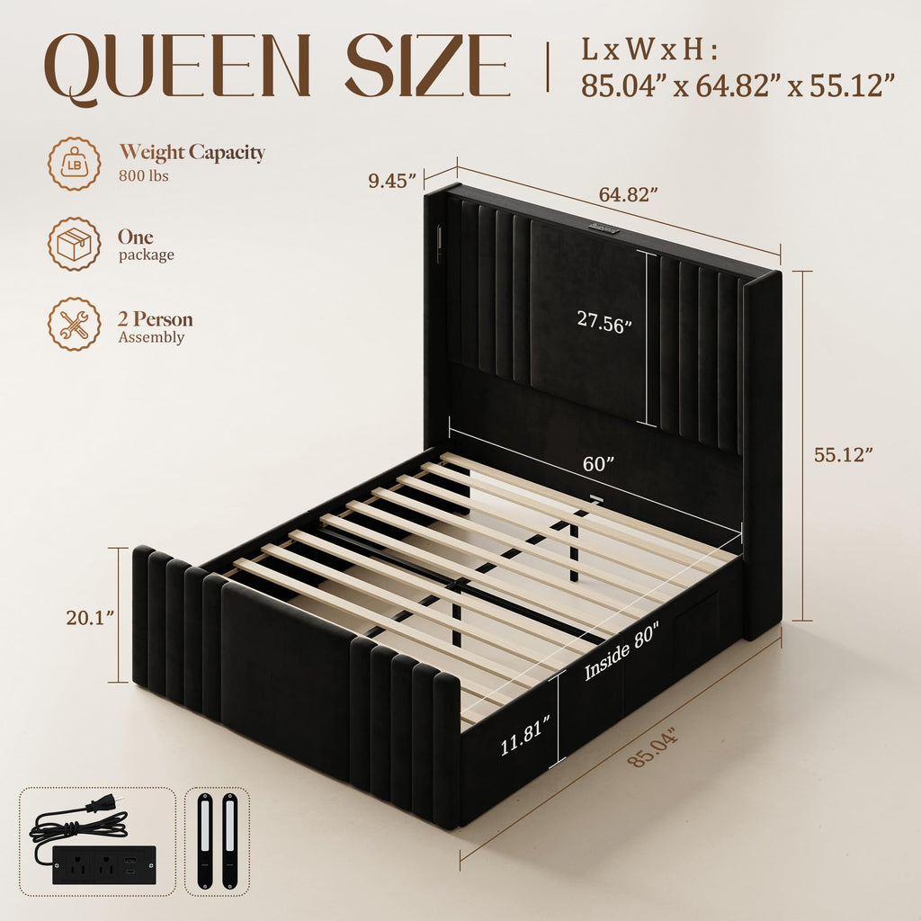 Queen Size Platform Bed Frame with Reading Lights Y387867