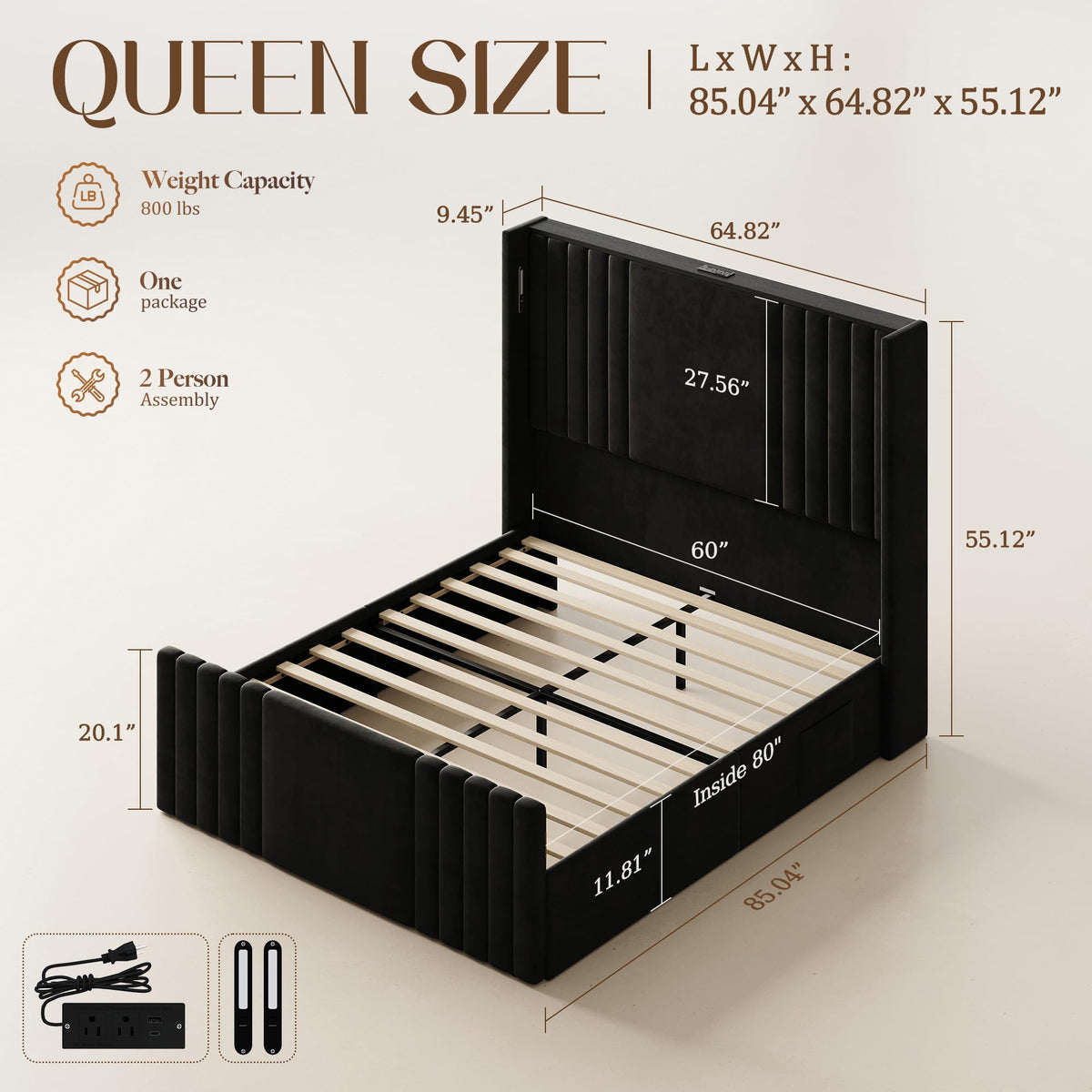 Queen Size Platform Bed Frame with Reading Lights Y387867