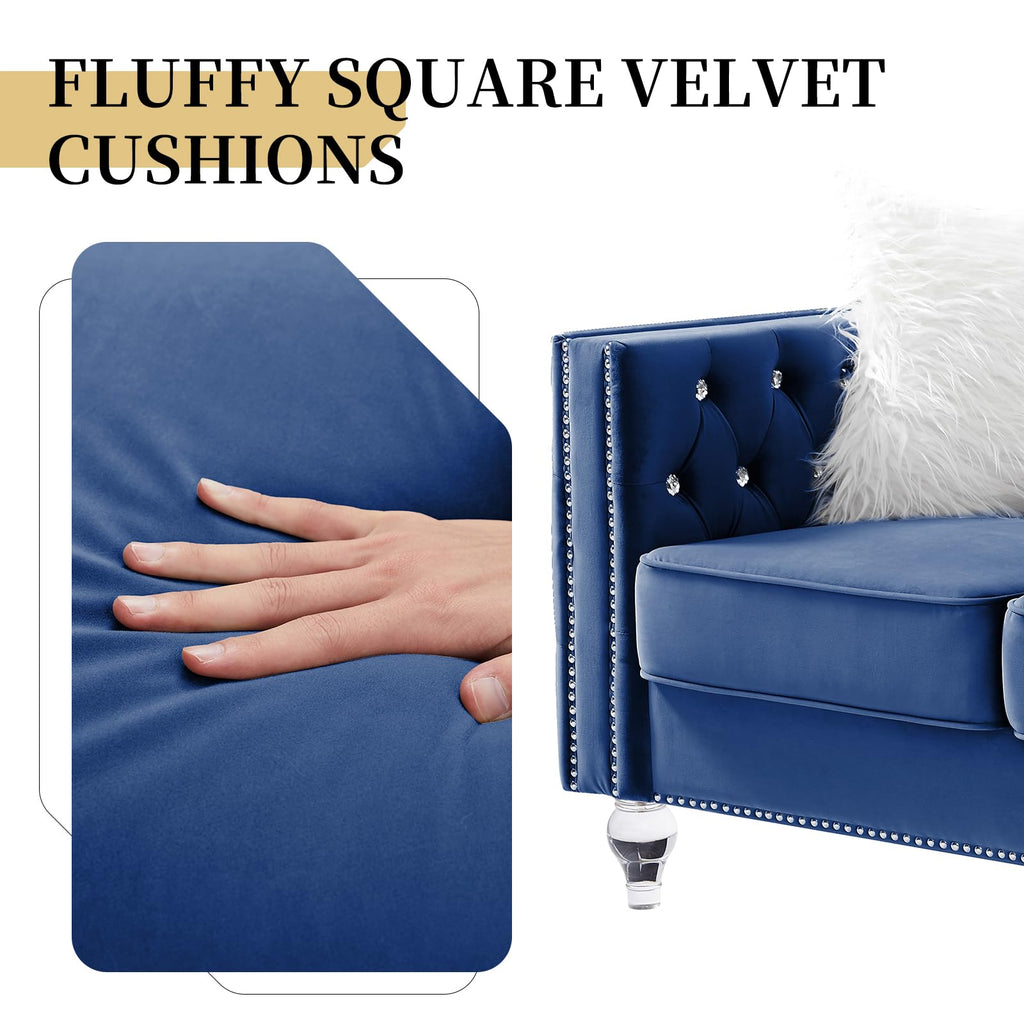 Blue Velvet Chesterfield Sofa with 2 Throw Pillows Q238