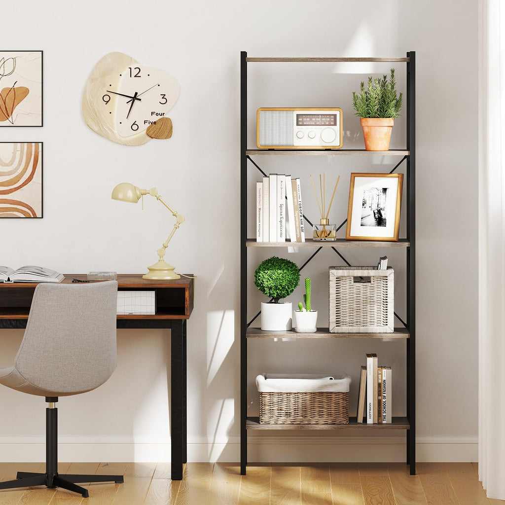 5-Tier Industrial Bookshelf with Open Storage Shelves K14667