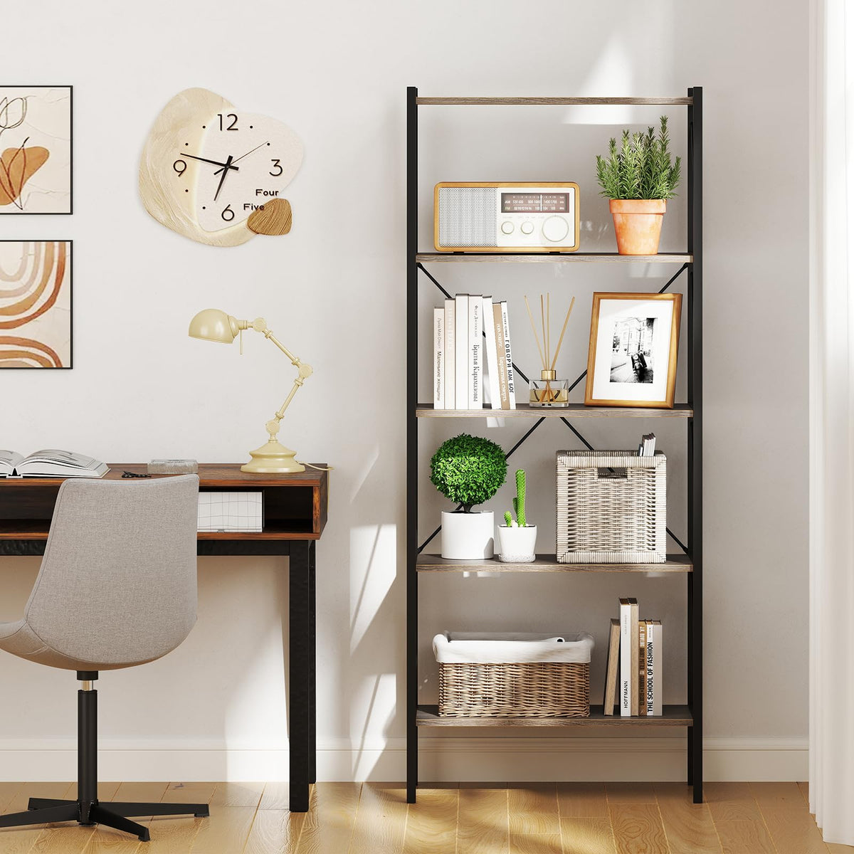 5-Tier Industrial Bookshelf with Open Storage Shelves K14667