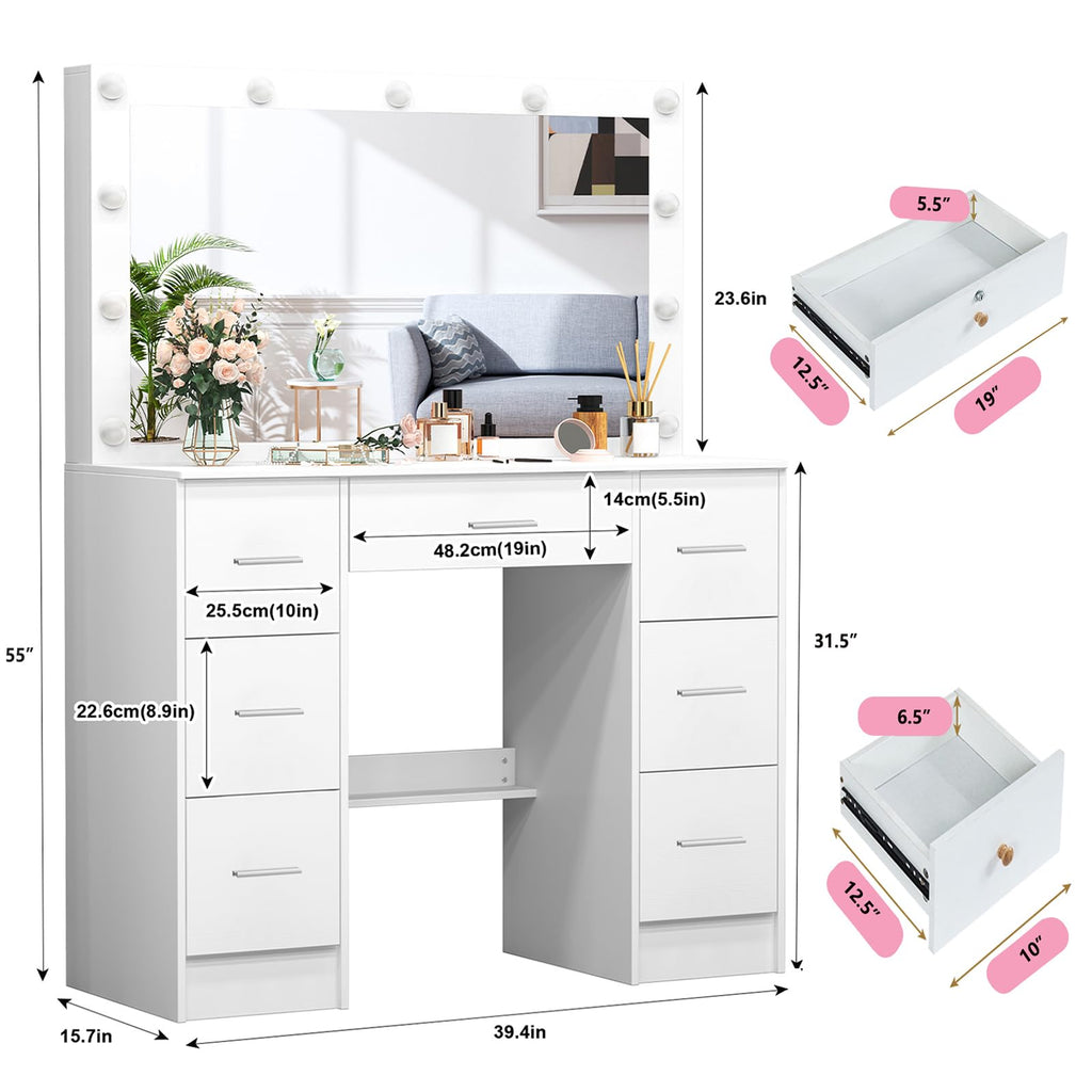 White 7 Drawer Vanity with Lights and Mirror A4784