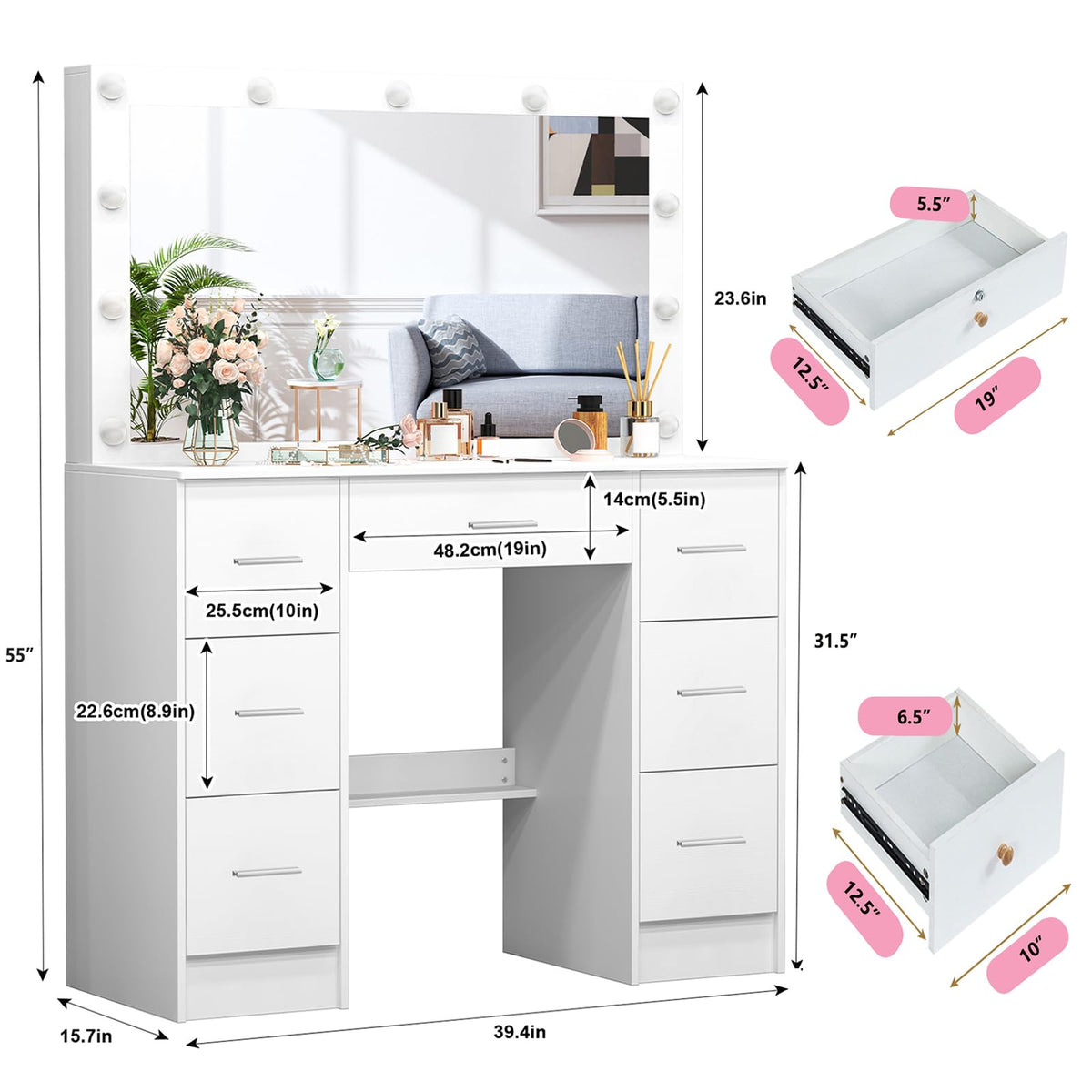 White 7 Drawer Vanity with Lights and Mirror A4784