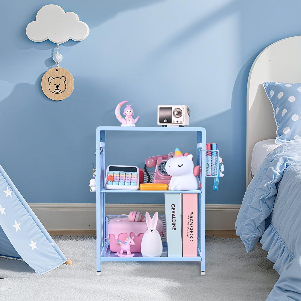 Sky Blue Kids Nightstand with Hooks and Holder H5199