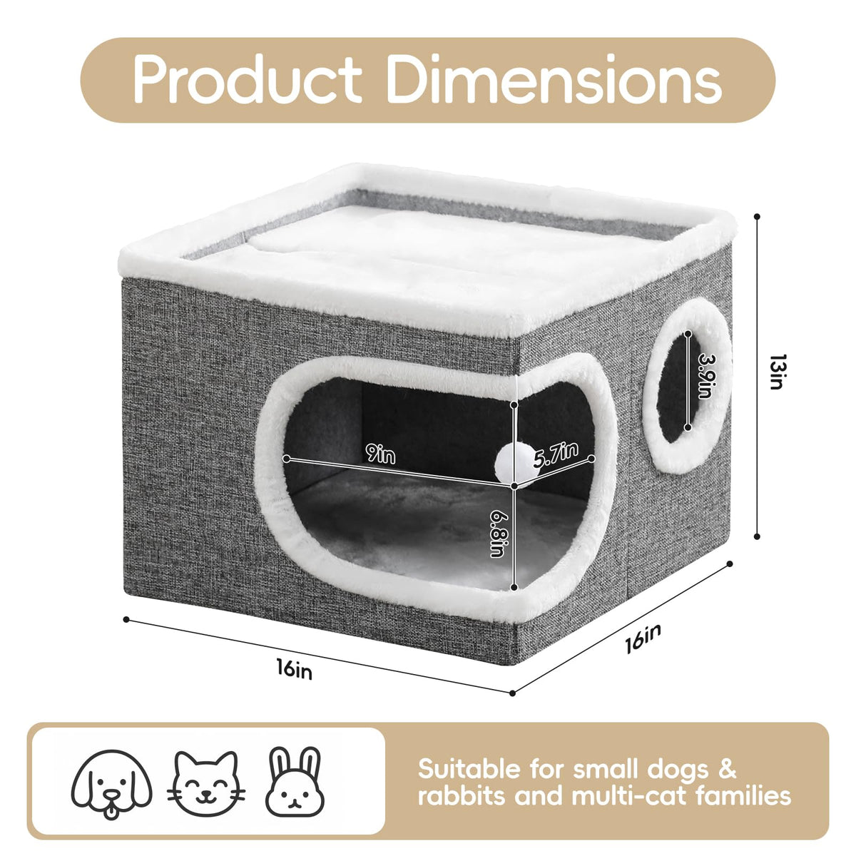 Large Covered Cat Bed Cave, Grey, 16in O96802